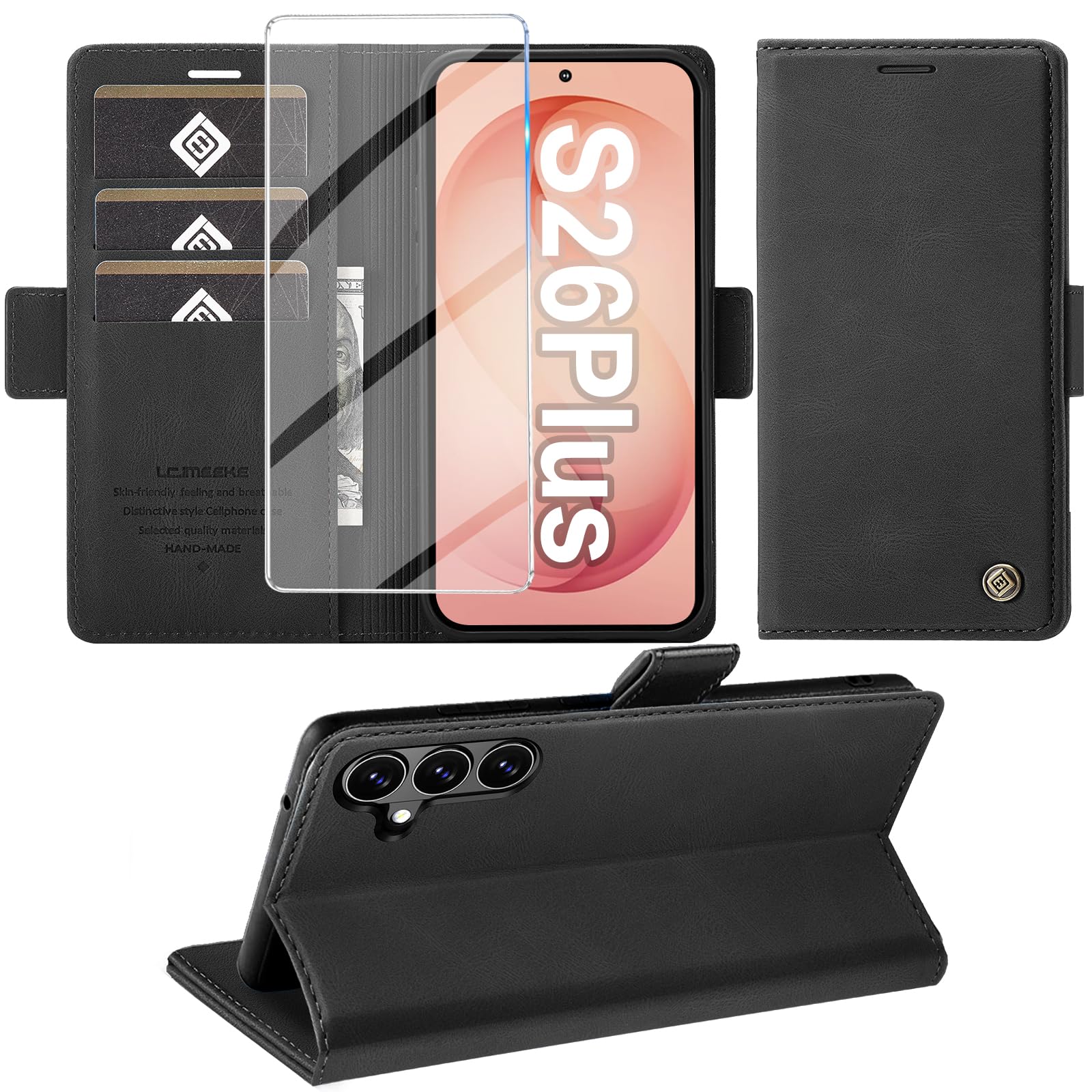 Giyer Handyhülle für Samsung Galaxy S26 Plus Hülle mit Schutzfolie, Schutzhülle PU Leder Wallet Flip Case Standfunktion Kartenfach Stoßfest Klapphülle für Samsung S26 Plus 5G Cover Tasche (Schwarz)