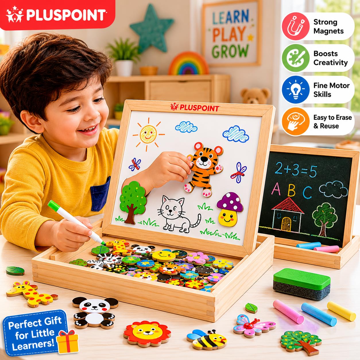 PLUSPOINT Wooden Magnetic Multifunctional Double Sided Chalkboard Dry Erase Board with Chalk, Marker & Duster Educational Whiteboard Blackboard Drawing Toys Learning & Imagination Play for Kids 4