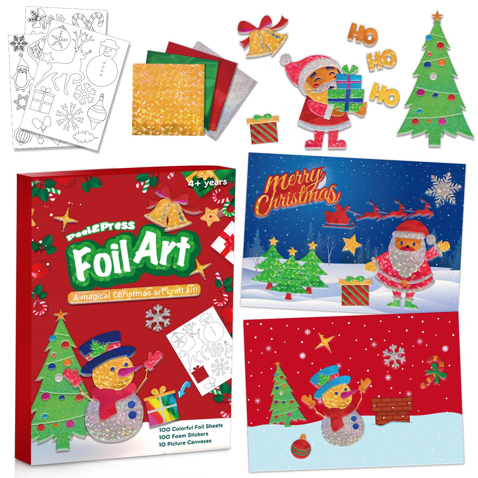 Vloso Christmas Fun Foil Art Kit for Kids,No Mess Art Creative Activity Travel Art and Crafts for Kids,Christmas Gifts Crafts for Girls&Boys Ages 4, 5, 6, 7, 8, 9(Christmas)