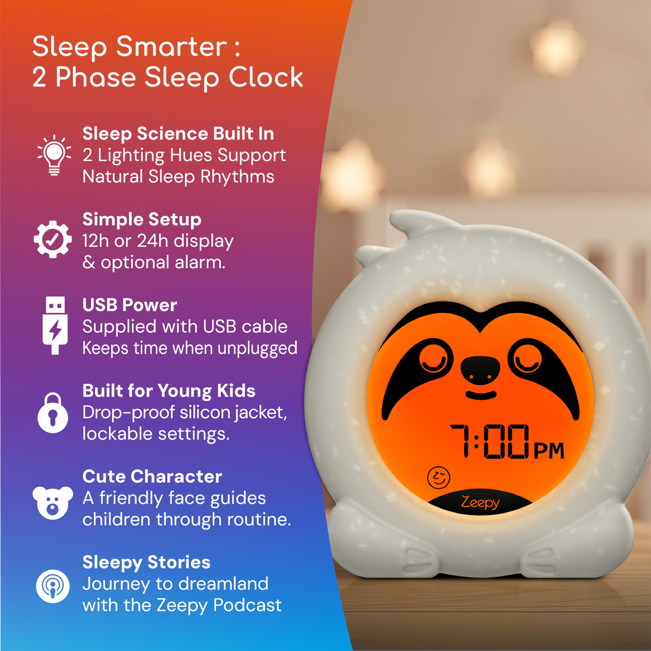 Zeepy Reloj de entrenamiento de sueño de 2 fases | Reloj para niños pequeños alimentado por USB | Reloj de entrenamiento de sueño a prueba de caídas para niños | Iluminación amigable para dormir para