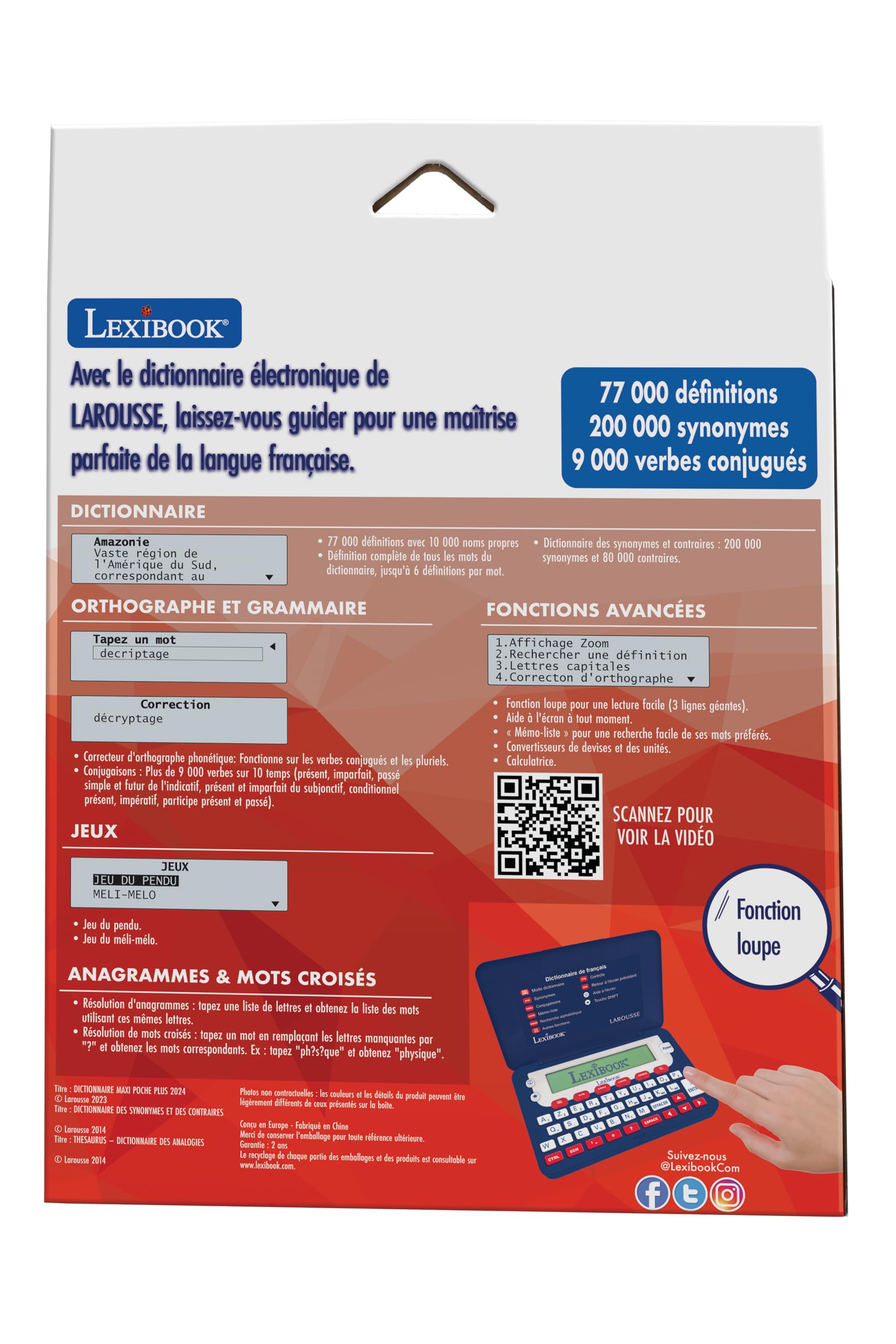 Lexibook - LAROUSSE Dizionario elettronico Tascabile Francese, definizioni, sinonimi, coniugazione, correttore Ortografico, D860FR, Blu