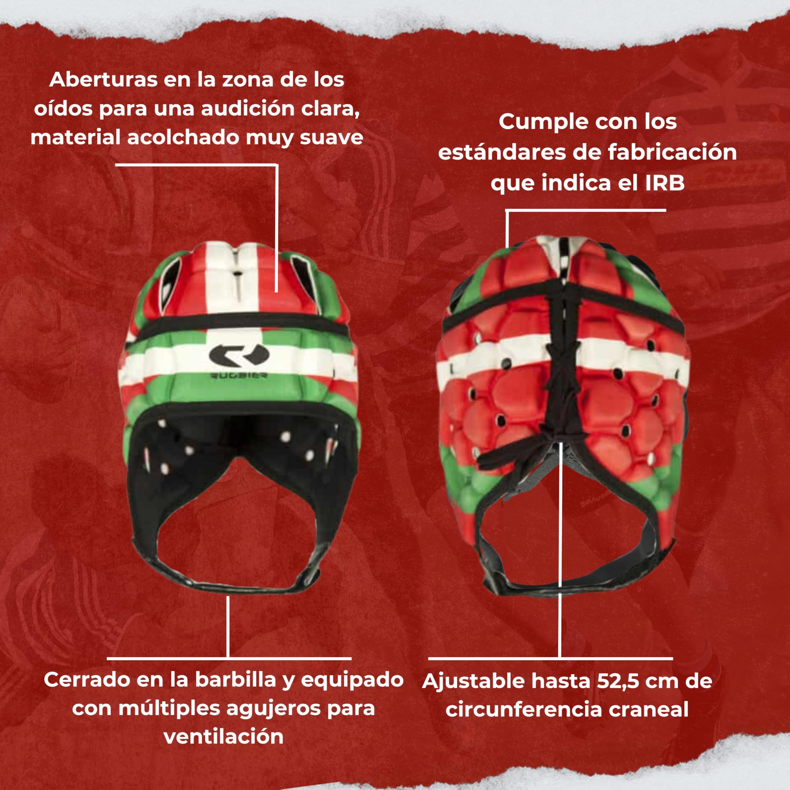 Casque De Rugby AIR-PRO Rugbier - Protection Tête Ajustable, Fermeture Menton, Oreillettes Ventilées - Modèle Euskadi XS/XL - Pour Adultes Et Jeunes