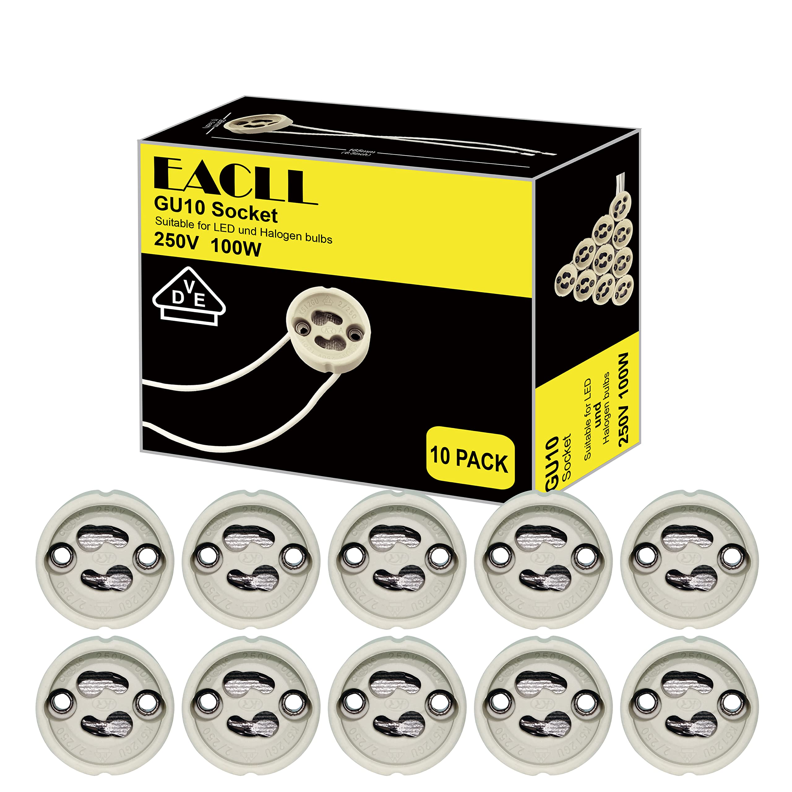 EACLL GU10 Bases para Lámparas, Casquillo Portalámparas Zócalo de Cerámica, Pack de 10, Económico y práctico, Con Cable de Silicona de Calidad, Conector Para GU10 LED o Bombilla Halógena