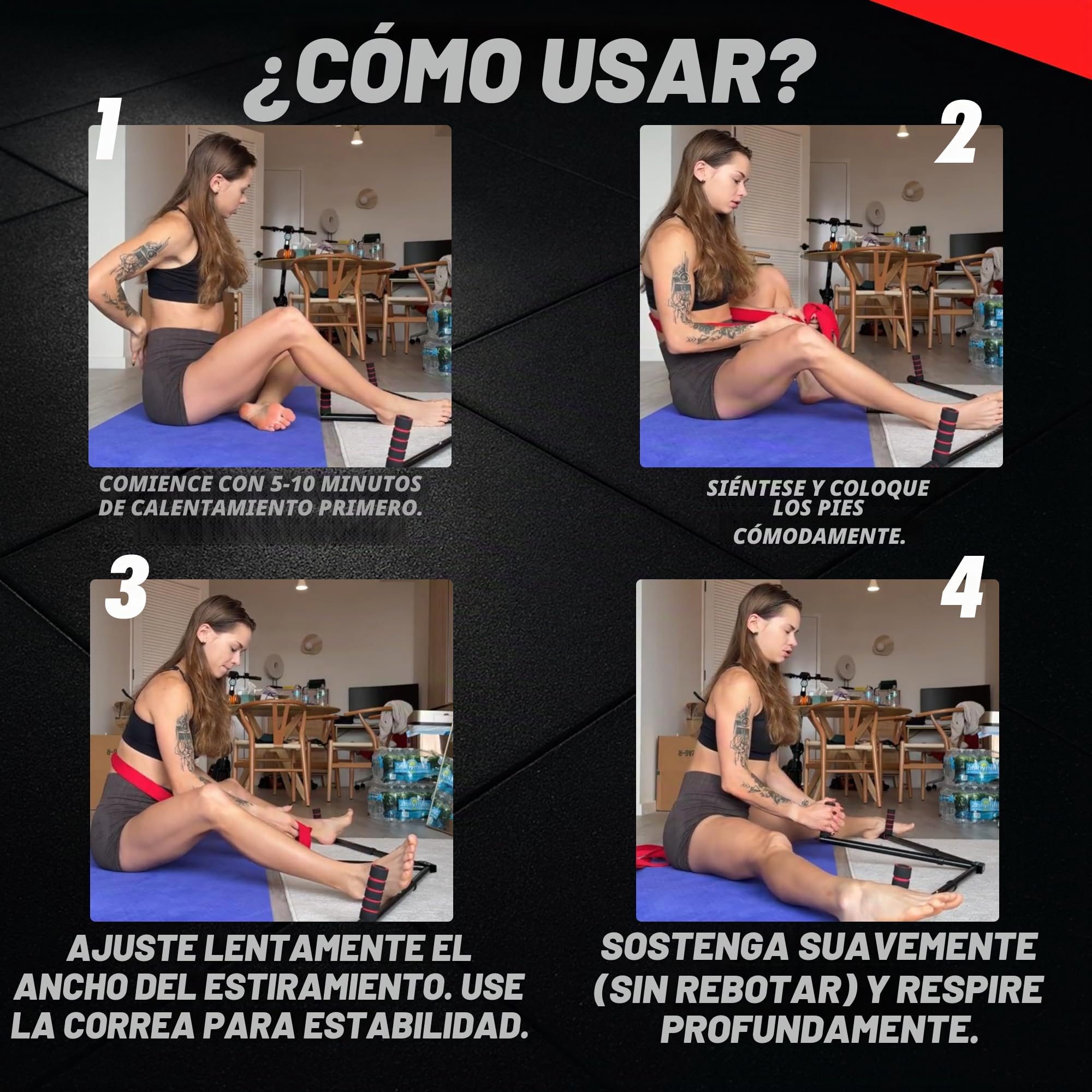Barra Separadora De Piernas – Regulable en 6 posiciones – Máquina Para Estirar Piernas – 3 Brazos Ajustables Acero Inoxidable, Correa y Asas Antideslizantes, Apertura 180°, Plegable, Hogar