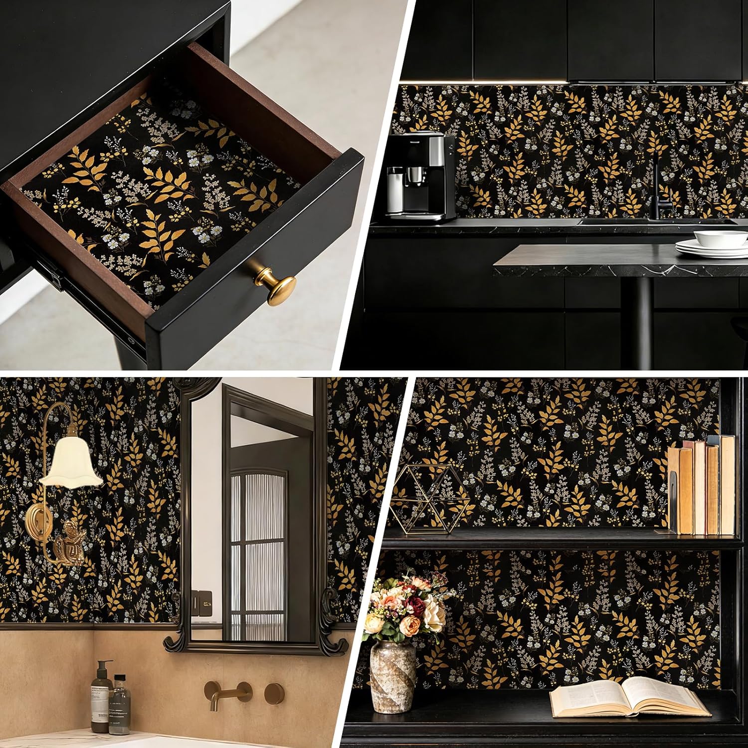 practicalWs Black Floral Peel and Stick Wallpaper - Vintage Gold Leaf Wall Paper Boho for Bathroom - Removable Dark Contact Paper - Self Adhesive Vinyl Wallpaper for Bedroom Walls Decor 17.5"x590"