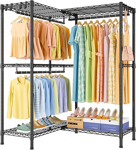 Miniatura 2 de E15 - Perchero en forma de L para esquina, perchero independiente para colgar ropa, organizador de armario resistente con 4 varillas para colgar y 8