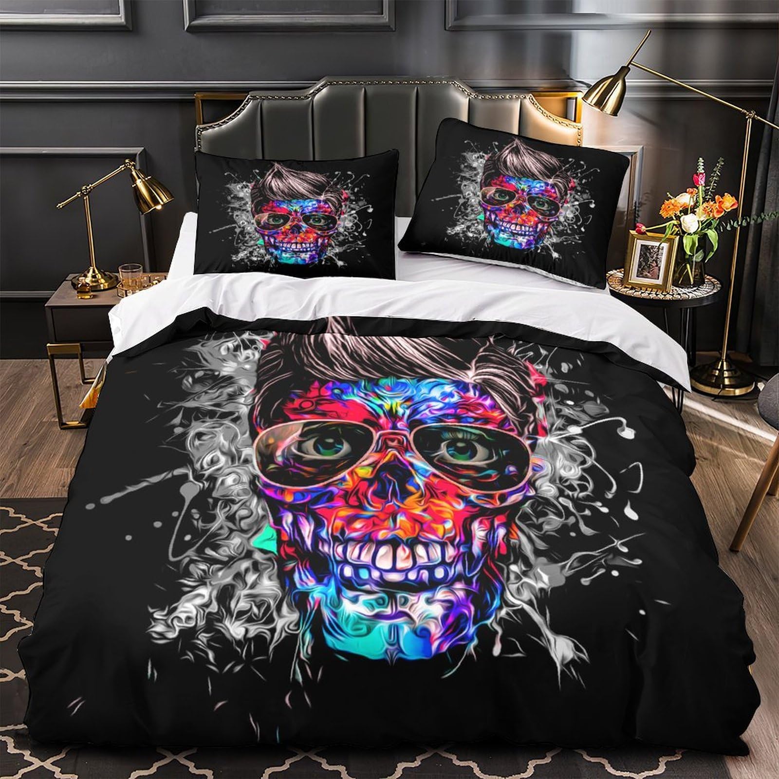 Skull Art Quilt Cover 3D Print Machine Washable 3 Pieces Bed Set Hidden Zipper vibrant Neon Comforter Cover Extra Soft Hypoallergenic for Adults Kids Teens Women Youth Single（135x200cm）