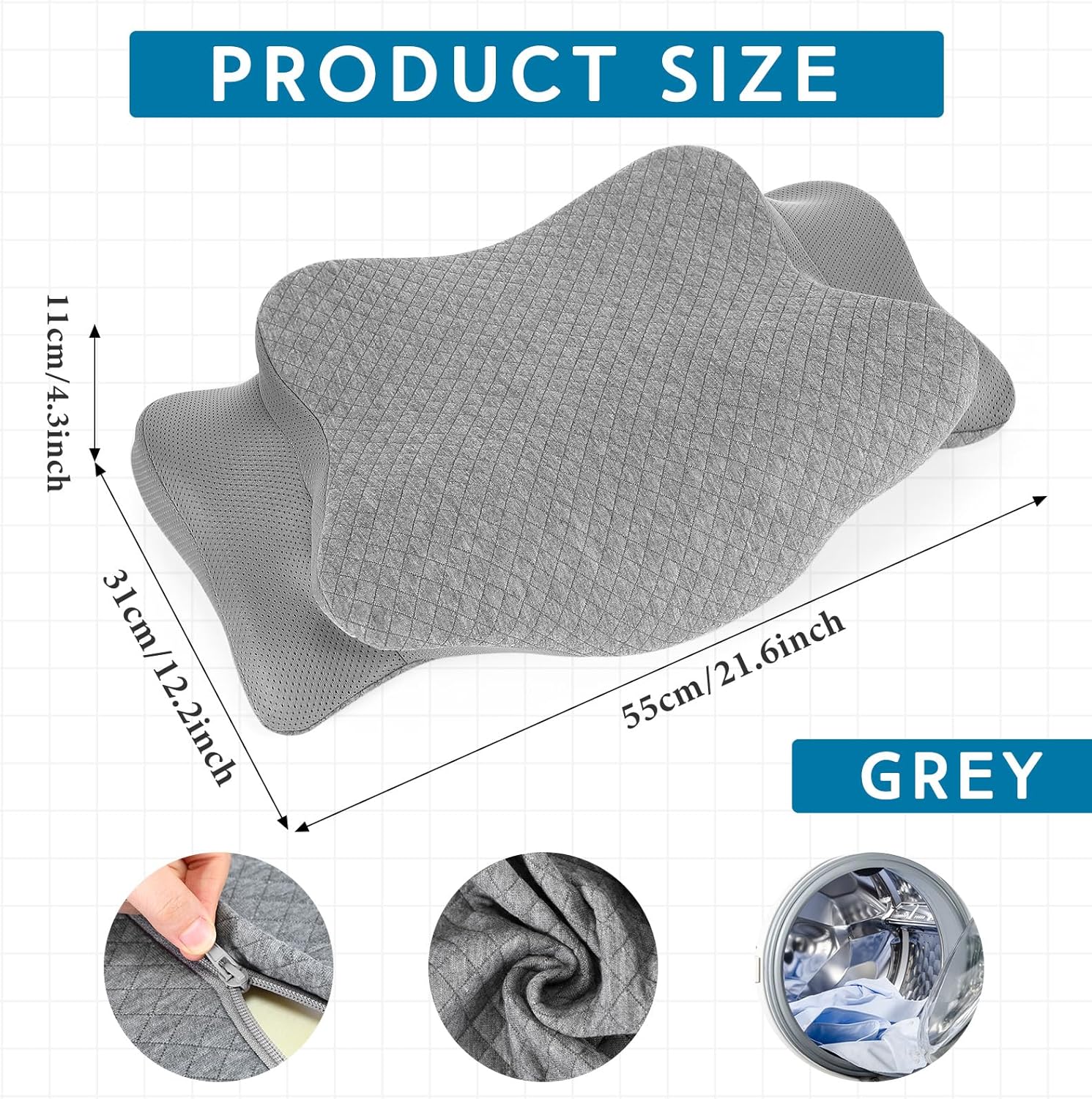 HunnmingRe Cervical Pillow Case Cover Comfortable and Breathable Memory Foam Cervical Neck Pillow Case Cover with Zipper(Gray,Standard Size)
