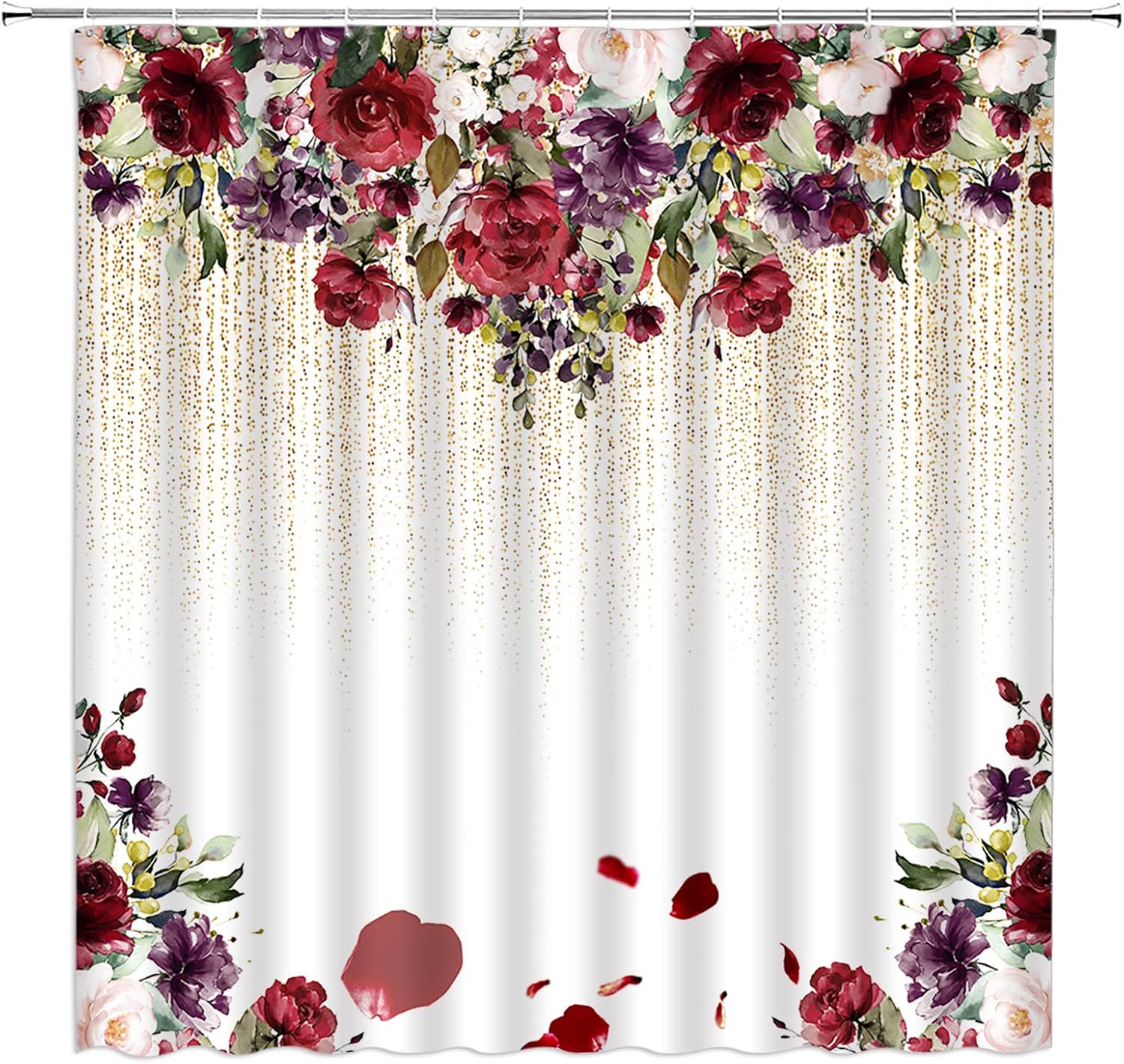 WOZAWA Burgundy Red Floral Shower Curtain Retro Watercolor