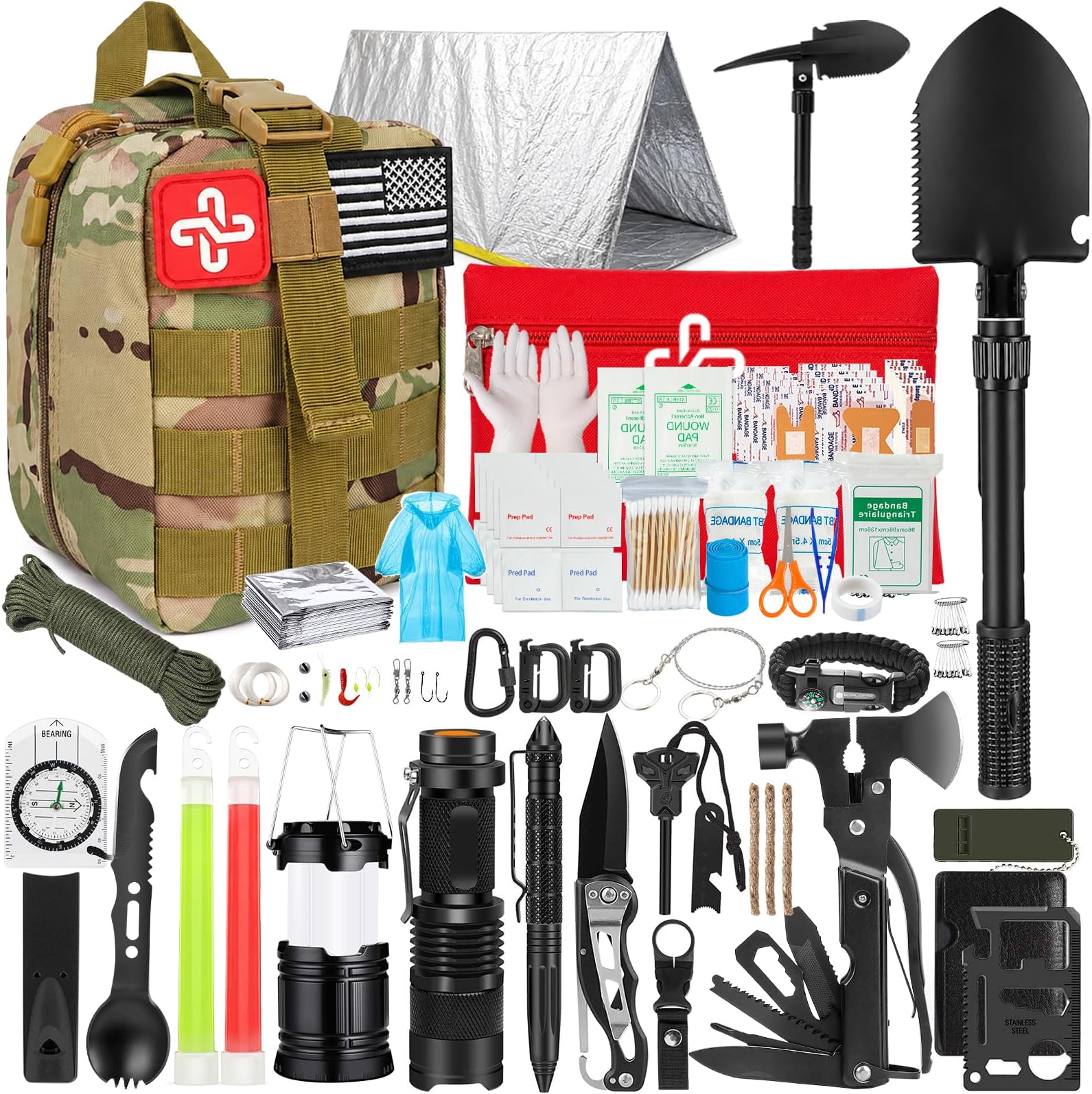 Survival Kit, 250Pcs Survival Gear First Aid Kit with Molle System Compatible Bag and Emergency Tent, Emergency Kit for Earthquake, Outdoor Adventure, Hiking, Hunting, Gifts for Men Women
