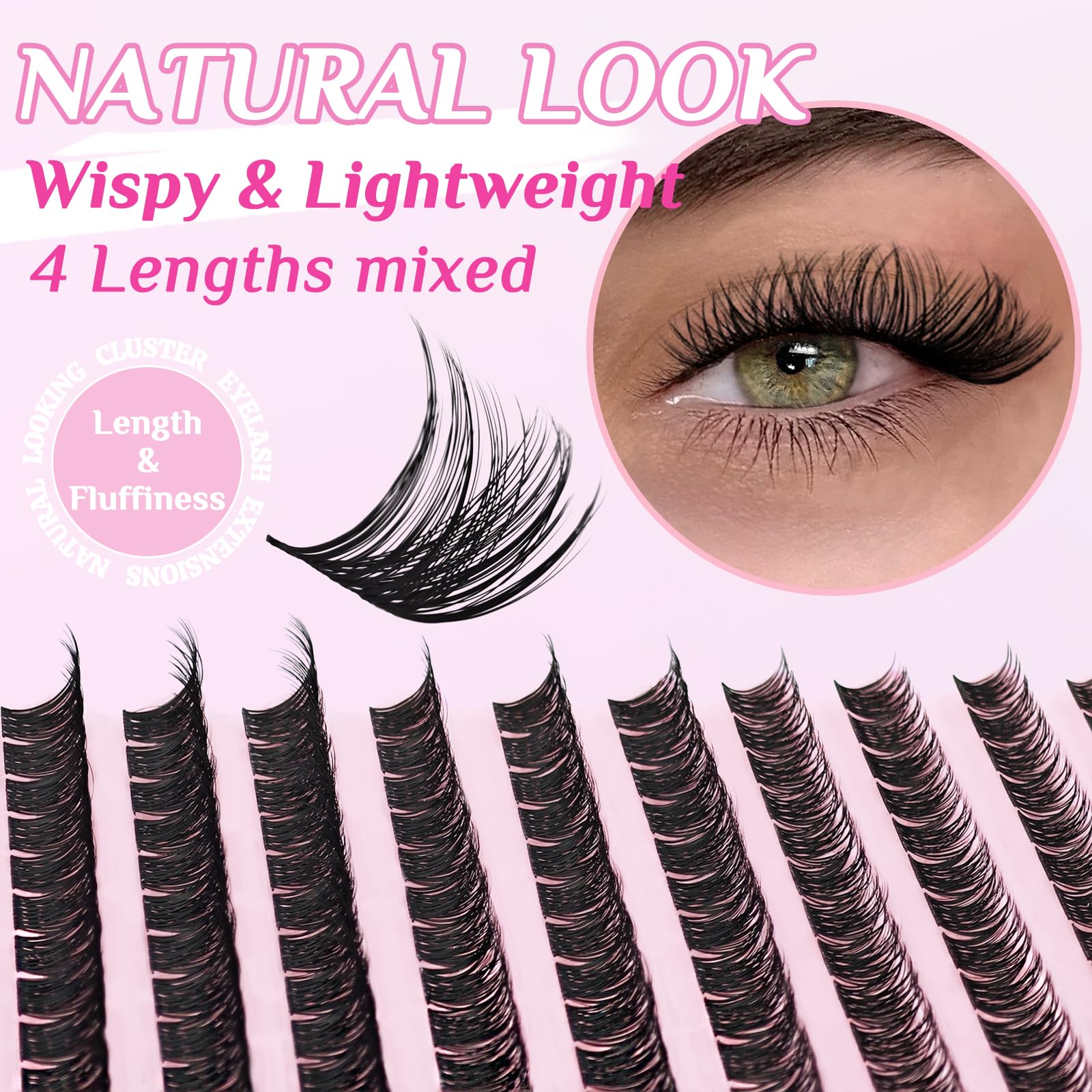 Natural Wispy Wimpern-Cluster, D-Curl-Cluster, weiche Wimpern-Cluster, 9 mm, 10 mm, 12 mm, 14 mm, 120 Stück