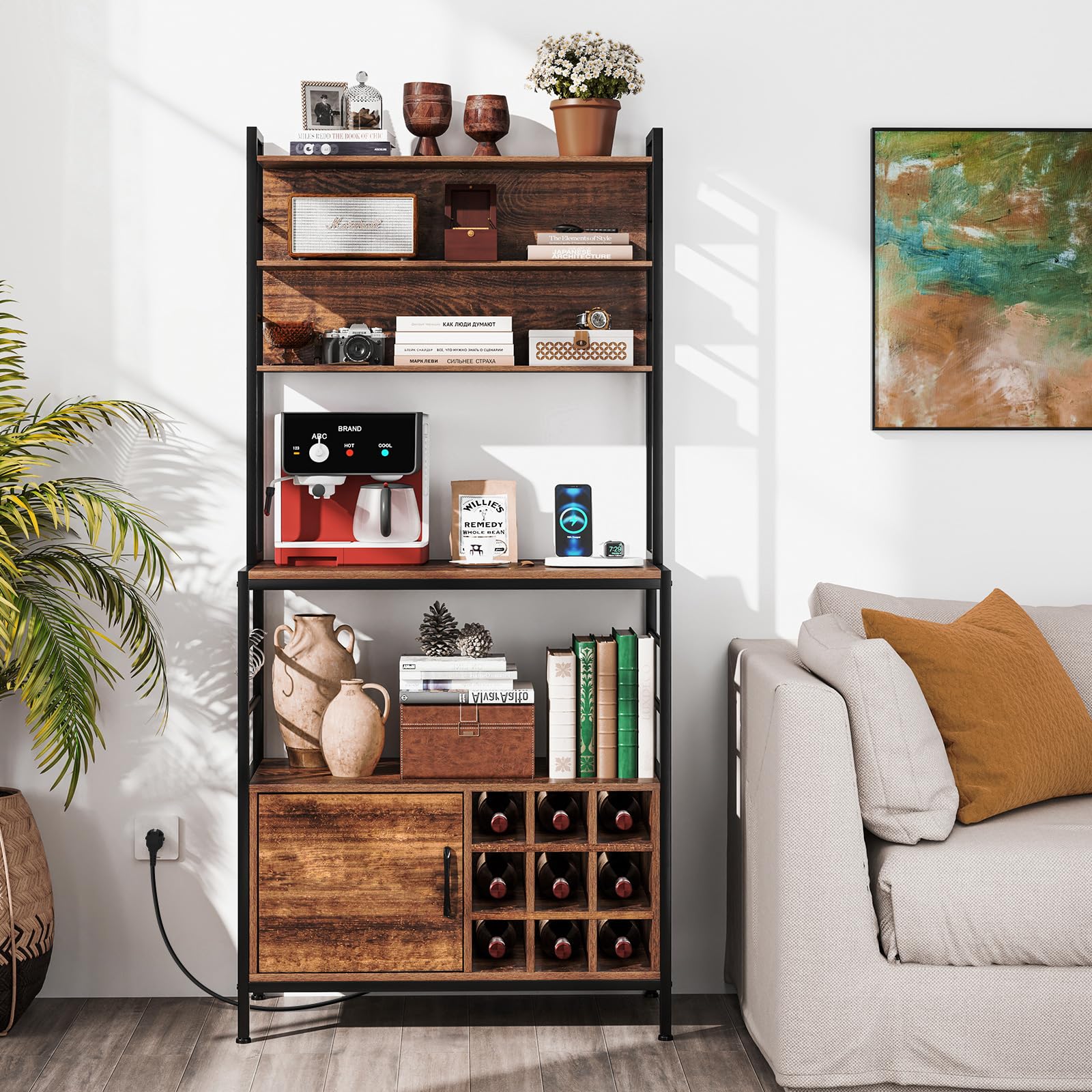 COSTWAY Étagère de Cuisine avec Prises de Courant, Armoire de Bar à Café avec Crochets, Porte-Bouteilles de Vin, Cadre en Métal Robuste, Support pour Micro-Ondes, pour Cuisine (Brun Rustique)