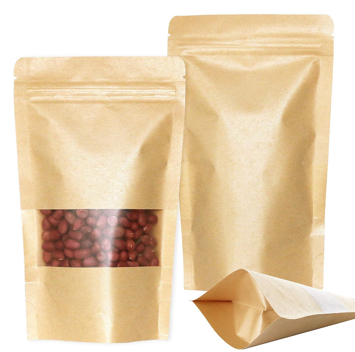 Food Heat Bags 50pcs 18x26cm Kraft Stand Up Food Bags, Zip Lock Reusable Packing Pouches with Transparent Window and Tear Notch Thicken Heat Sealable, or Storing, Snack Tea and Drinking