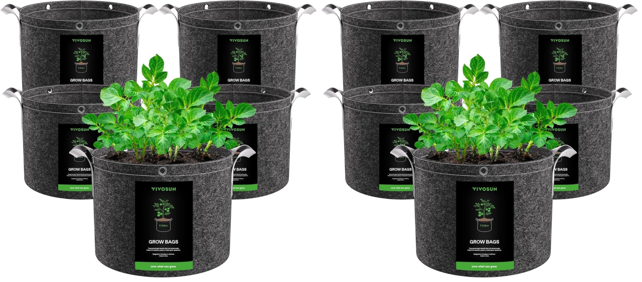 VIVOSUN 10-Pack 5 Gallon Grow Bags, 500G Thick Nonwoven Fabric Pots with Strap Handles, Multi-Purpose Rings, for Low Stress Plant Training Fruits, Vegetables, and Flowers