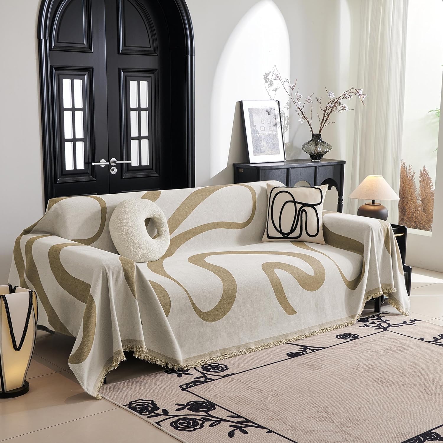 Couch Cover for Pets, Beige Covers for 2 Cushion Sofa, Sofa Slipcover Sectional L Shape Chenille Covers for Pets, Throw Couch for Dogs, Kids (Khaki Curve, 71" x 118")