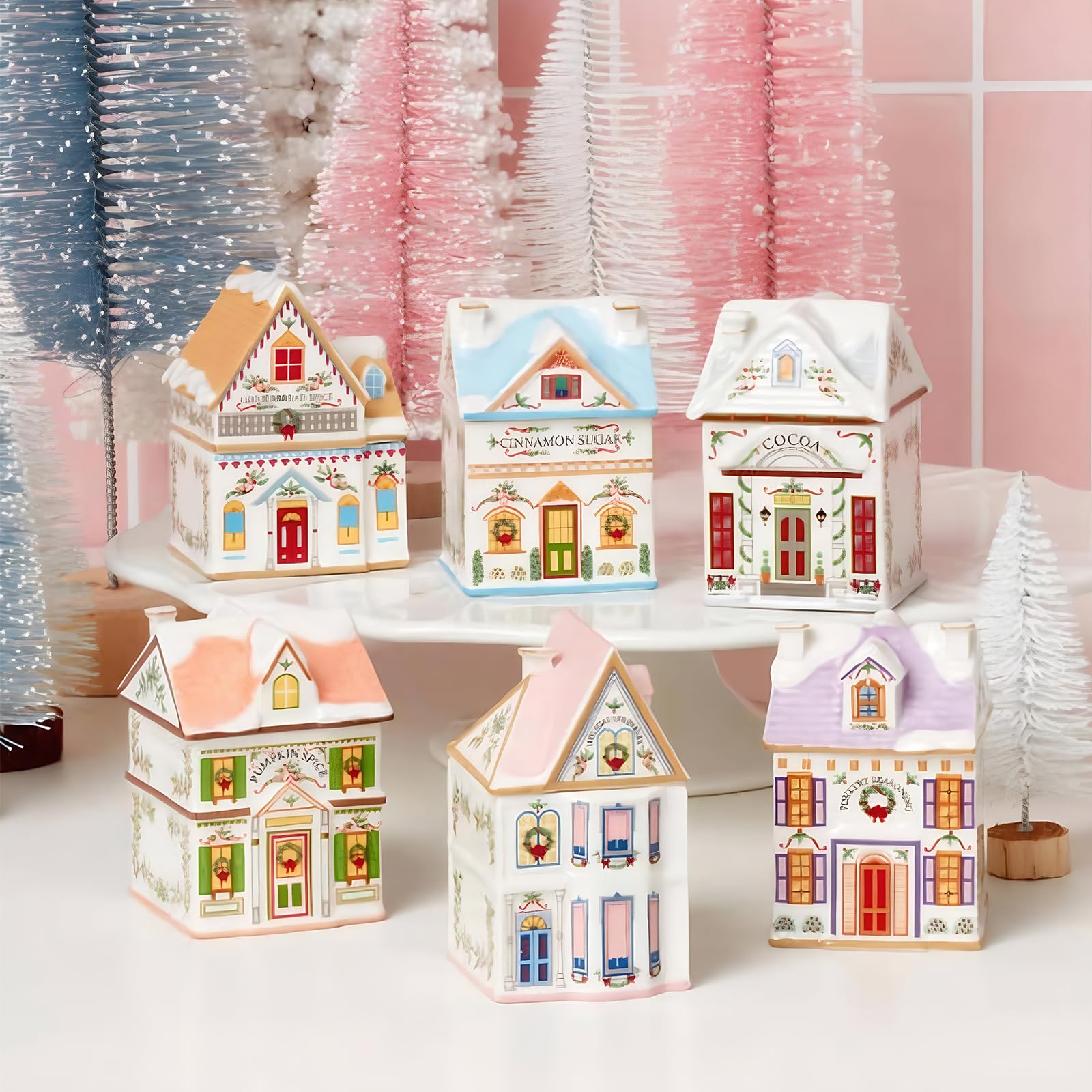 6-teiliges Mini-Weihnachts-Gingerbread-Häuser Gewürzdosen-Set aus Harz im Vintage-Stil, Festliche Dekoration für die Küchenarbeitsplatte, Klassische Gewürz-Dörferkollektion