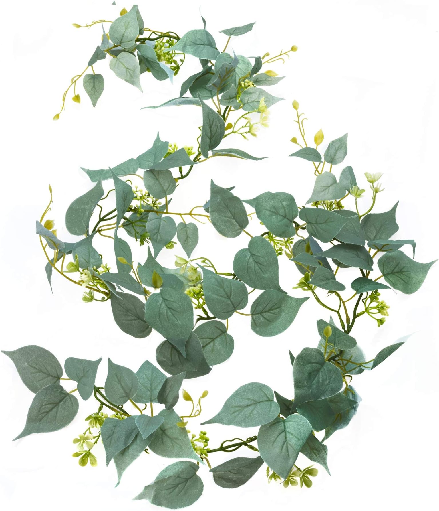 Artificial Greenery Garland, Fake Vine with Flowers, 6' Long Silk Faux Decorative Hanging Vine with Green Silver Leaves and White Flowers; Flower Garland for Table Wedding Party Home Garden Wall Decor