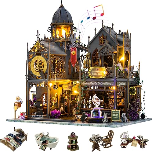 Miniatura 8 de Kit de casa en miniatura de bricolaje: rompecabezas de madera 3D en miniatura con luz LED, estación mágica, modelo pequeño, kit de construcción de
