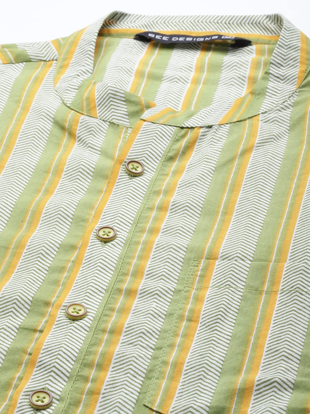 See Designs Yellow & White Cotton Regular Fit Mandarin Collar Printed Kurta Set_Sdkt98501S