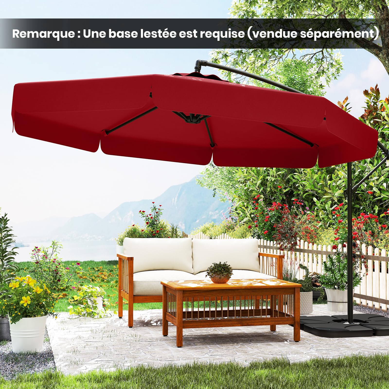 RELAX4LIFE Parasol Déporté Octogonal 305x250cm Rouge avec Housse