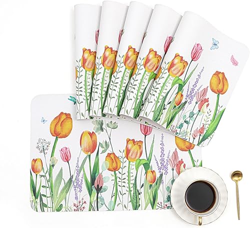 Miniatura 5 de U'Artlines Juego de 4 manteles individuales de PVC, diseño de tulipanes y mariposas, resistentes al calor, resistentes al calor, impermeables, para