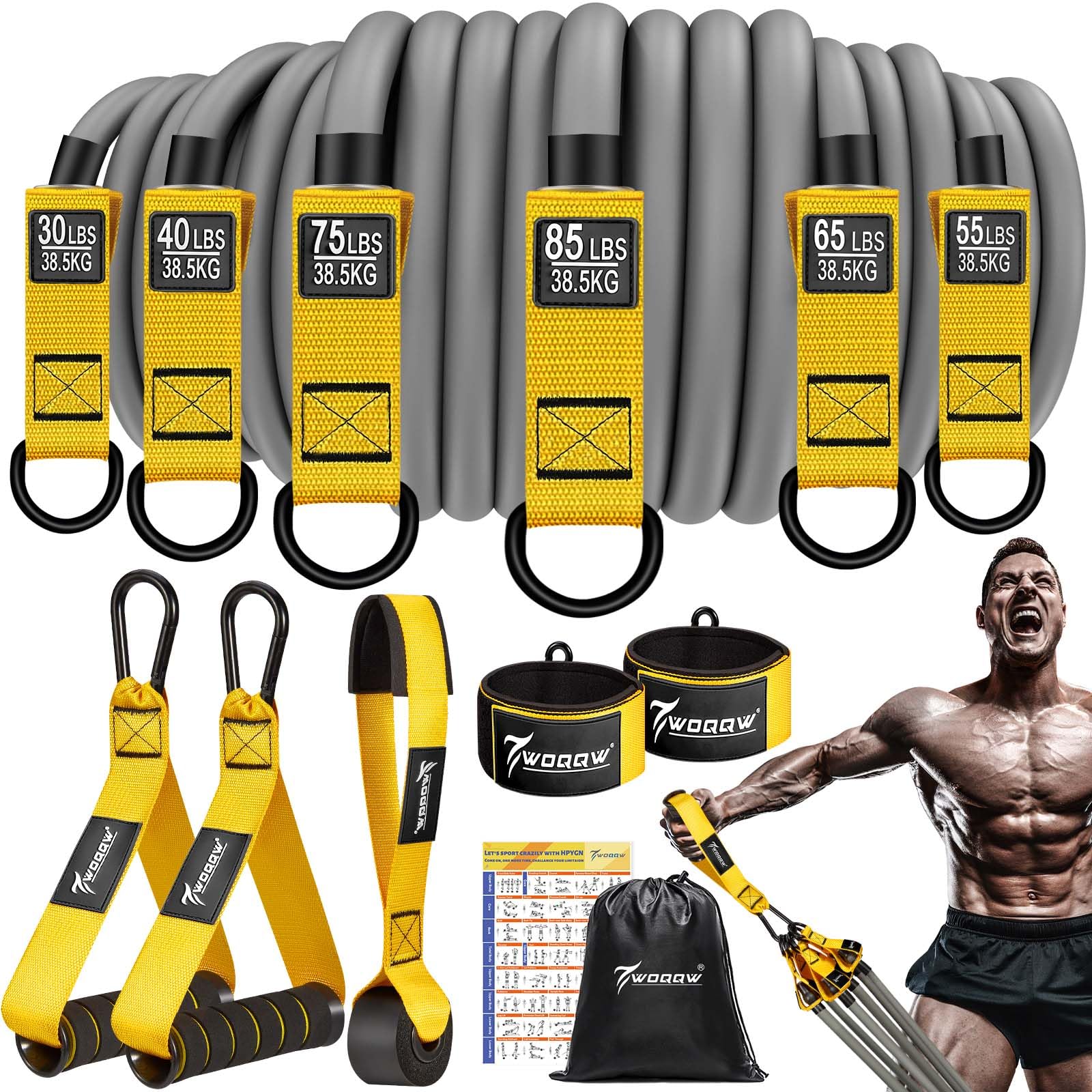 WOQQW Heavy Resistance Bands, 350lbs Exercise Bands with Handles, Workout Bands for Working Out Men, Weight Bands Set with Door Anchor and Ankle Straps, Home Gym Fitness Strength Training Equipment