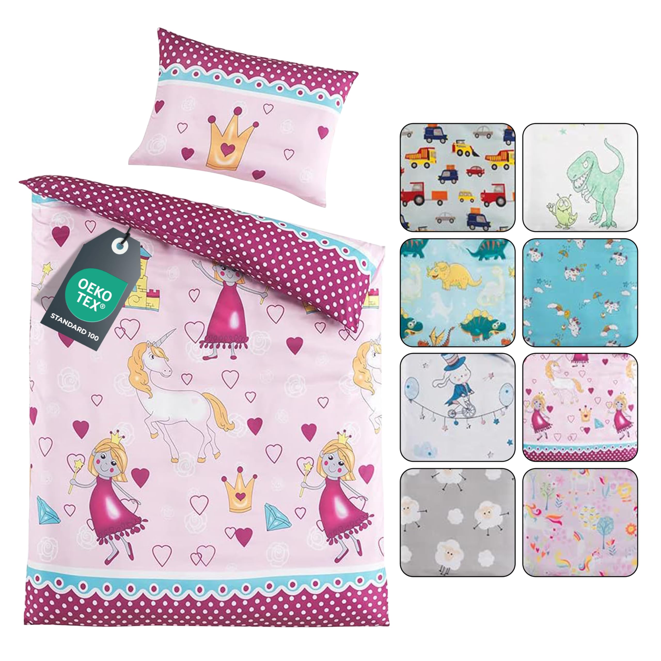 BaSaTex Kinder Baby Bettwäsche Set für Mädchen und Jungen | 100x135 cm + 40x60 cm | 100% Polyester Mikrofaser | Reißverschluss | Prinzessin - Einhorn – Herzen | rosa
