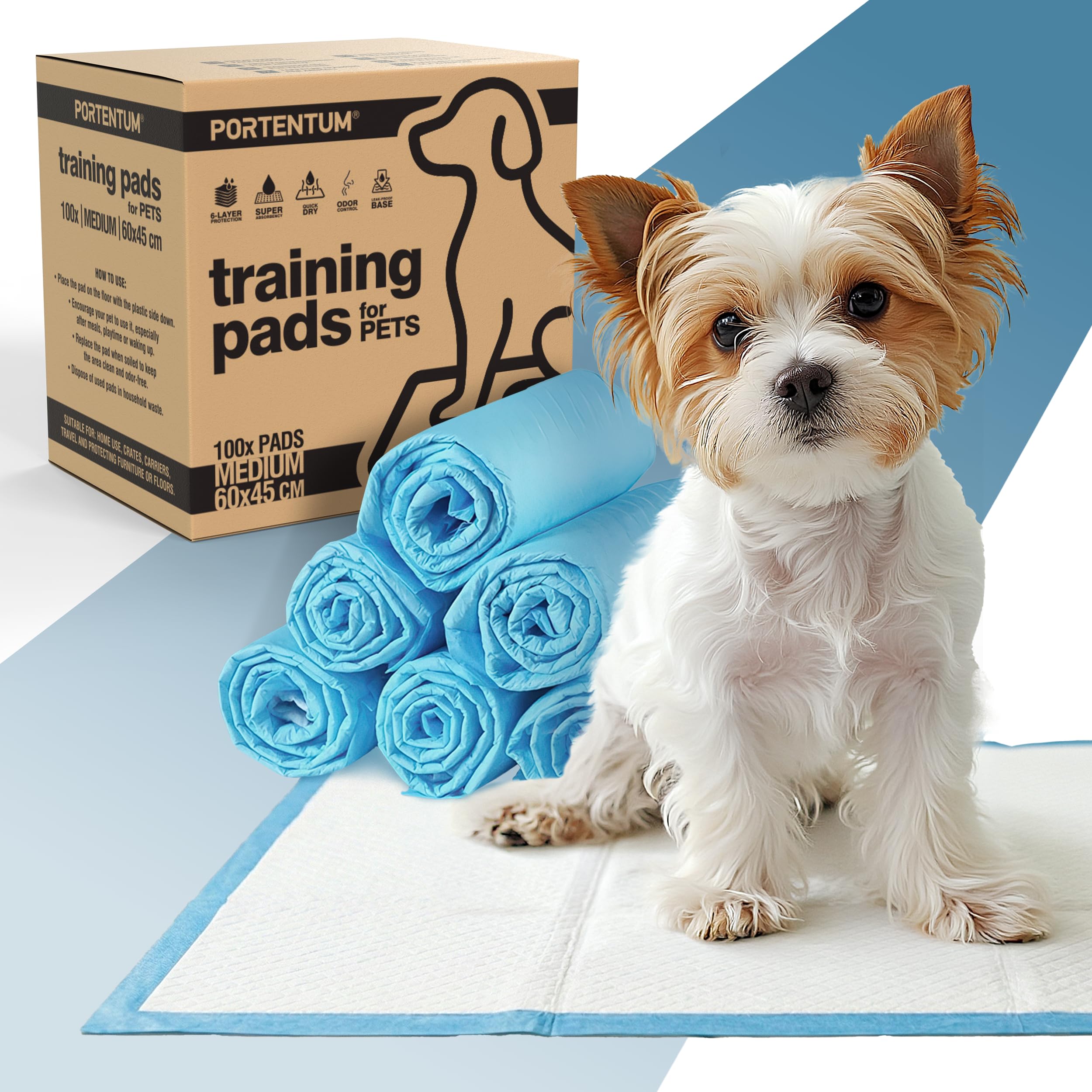 PORTENTUM Empapadores Perros 60x60 cm 100 Unidades – 6 Capas absorbentes antifugas con Control de olores – Alfombrillas Desechables para Entrenamiento – Inodoro para Perros — view 14