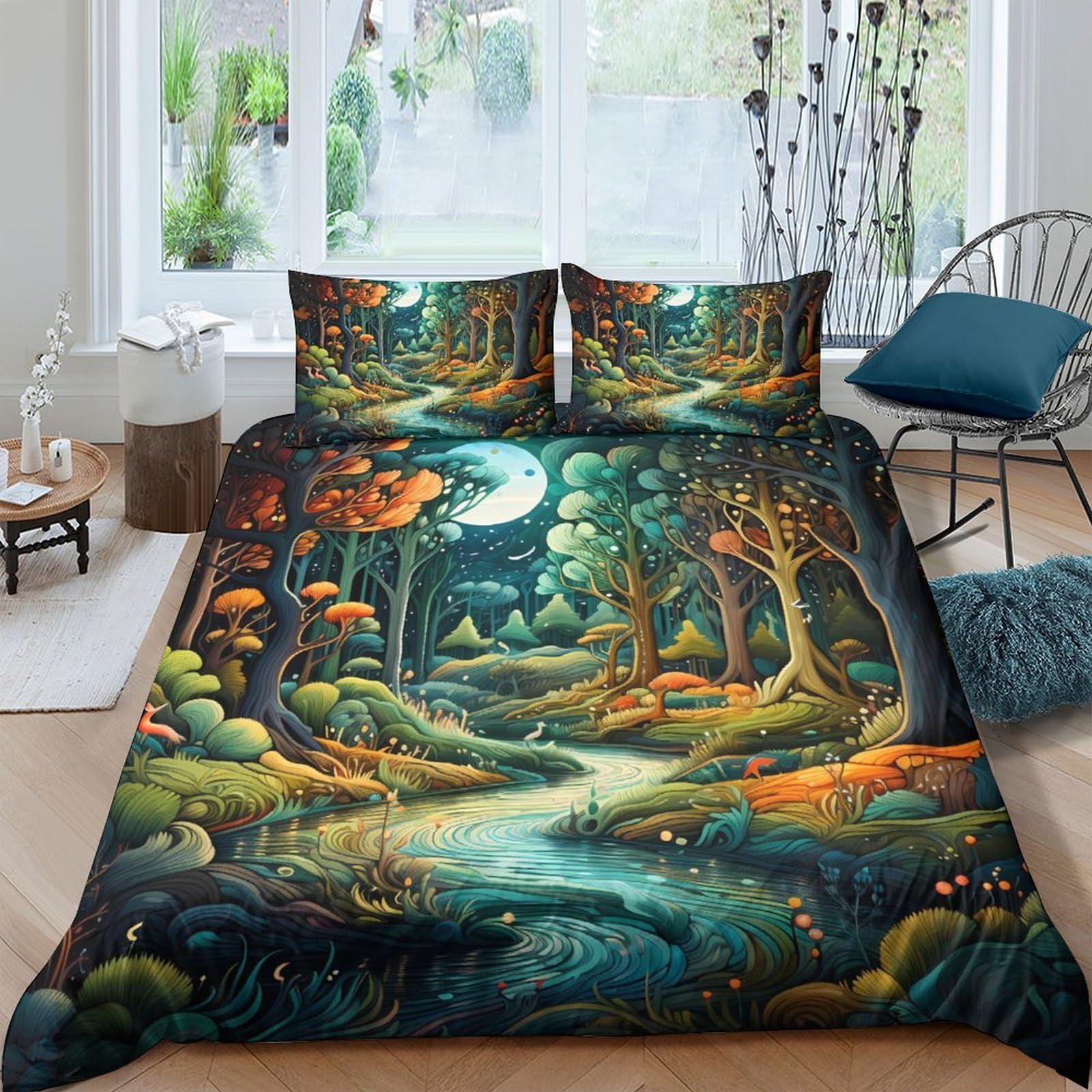 Ctjqhvkz Style-4 3D Printed Enchanted Forest Fitted Sheet Microfiber Soft Woodland Night Mattress Cover Bedroom Decor Single（135X200cm）