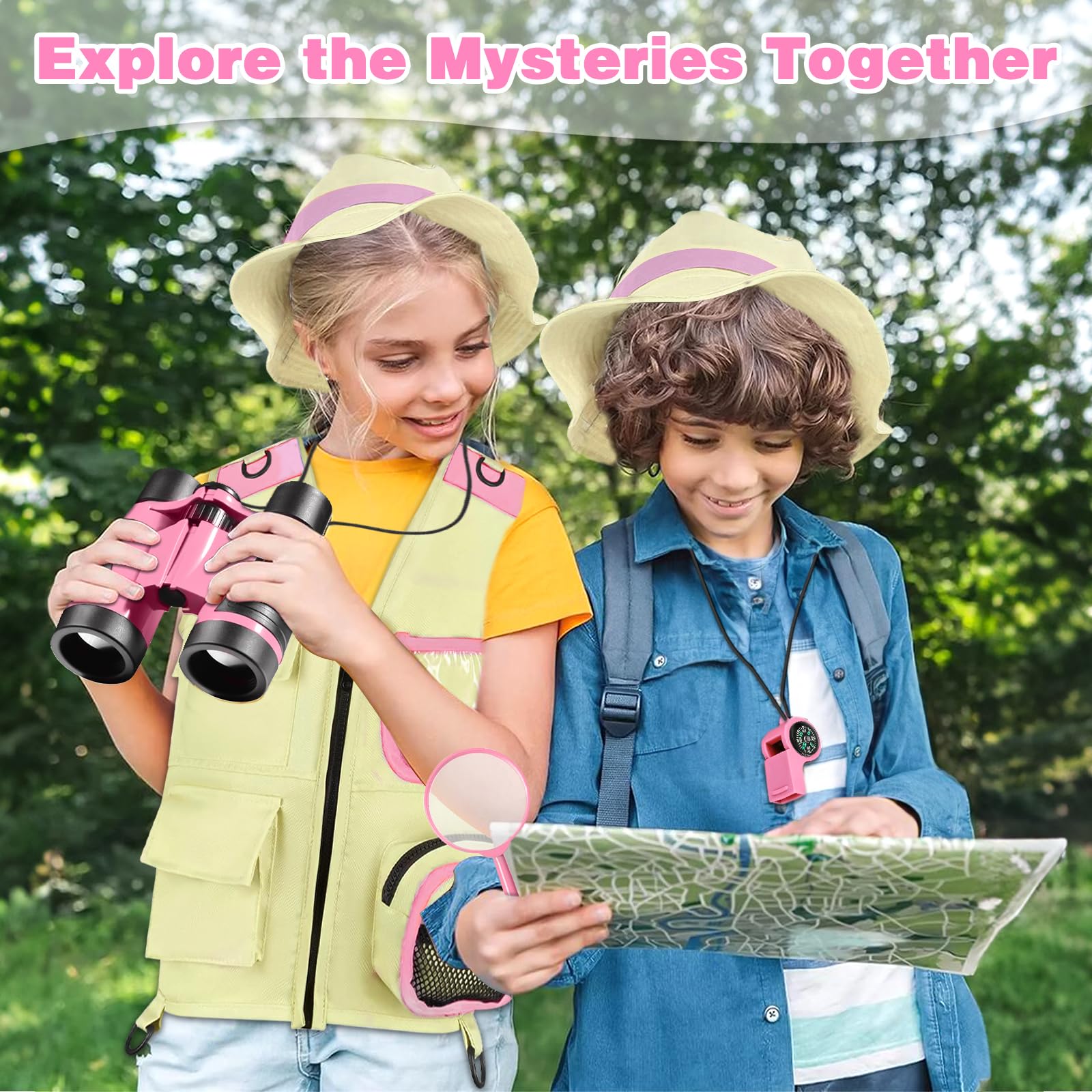 23 PCS Kit Esploratore Bambini, Set di Esplorazione per Bambini, Set Explorer Outdoor Giocattoli, con Binocolo, Cappello, Gilet, per età 3+, Anni, Kit di esplorazione Regalo (Rosa)