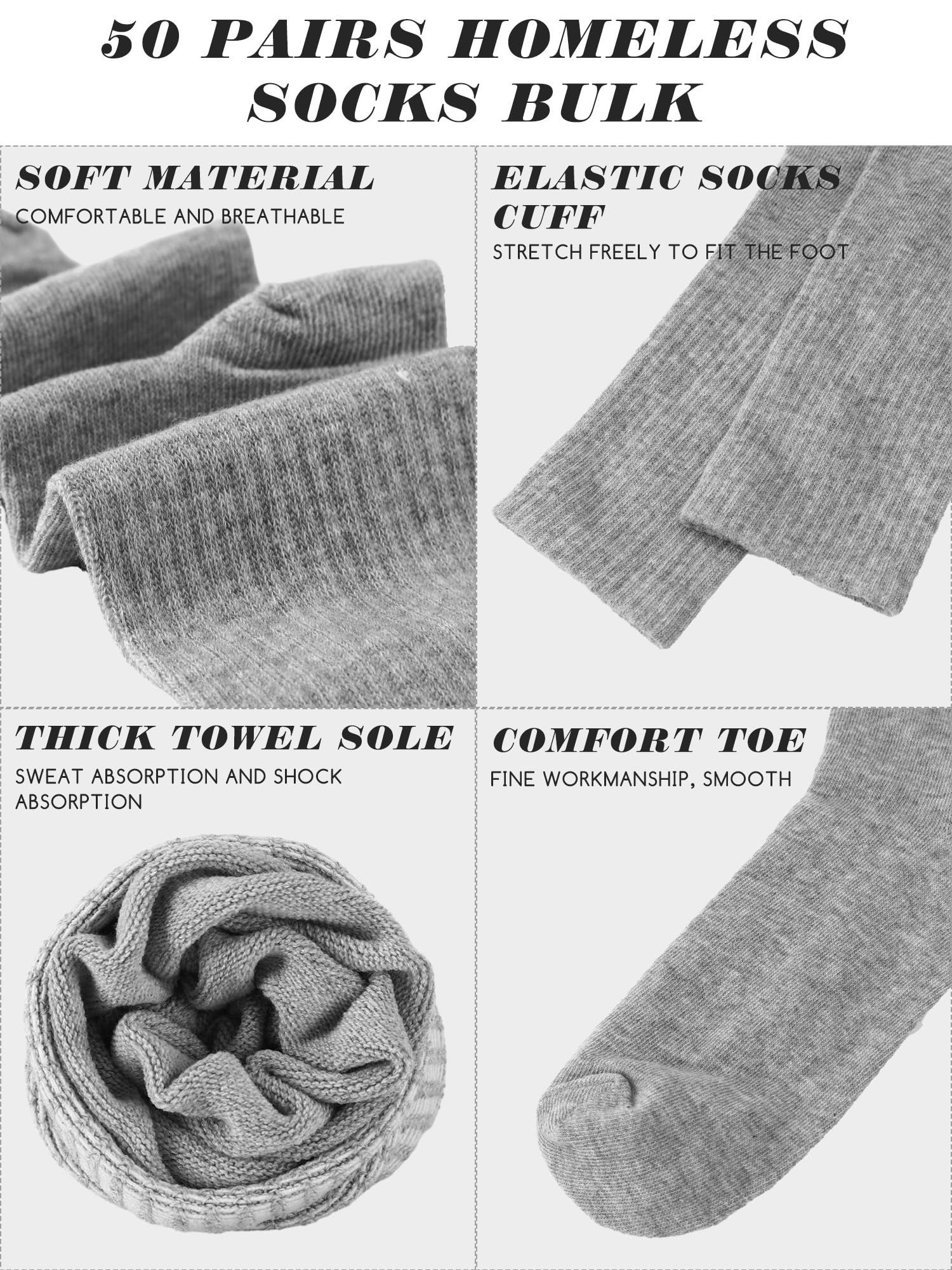 Suhine 50 Paar Homeless Crew Socken Weiche Baumwolle Feuchtigkeitstransport Socken Bulk Sport Baumwolle Unisex Dicke Tube Socken für Thanksgiving Obdachlose Männer Frau Kinder, Schwarz, Grau,