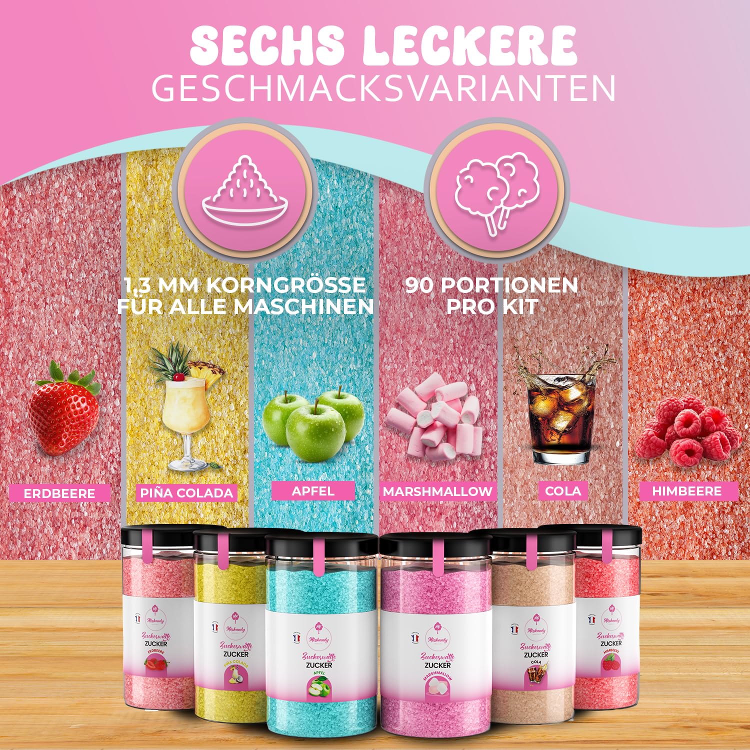 Misskandy®, Zuckerwatte Zucker (Natürliche Aromen und Farbstoffe) / set (6 * 300Gr): Erdbeere/Piña Colada/Apfel/Marshmallow/Cola/Himbeere/zucker für zuckerwattemaschine /+ 50 Stäbchen