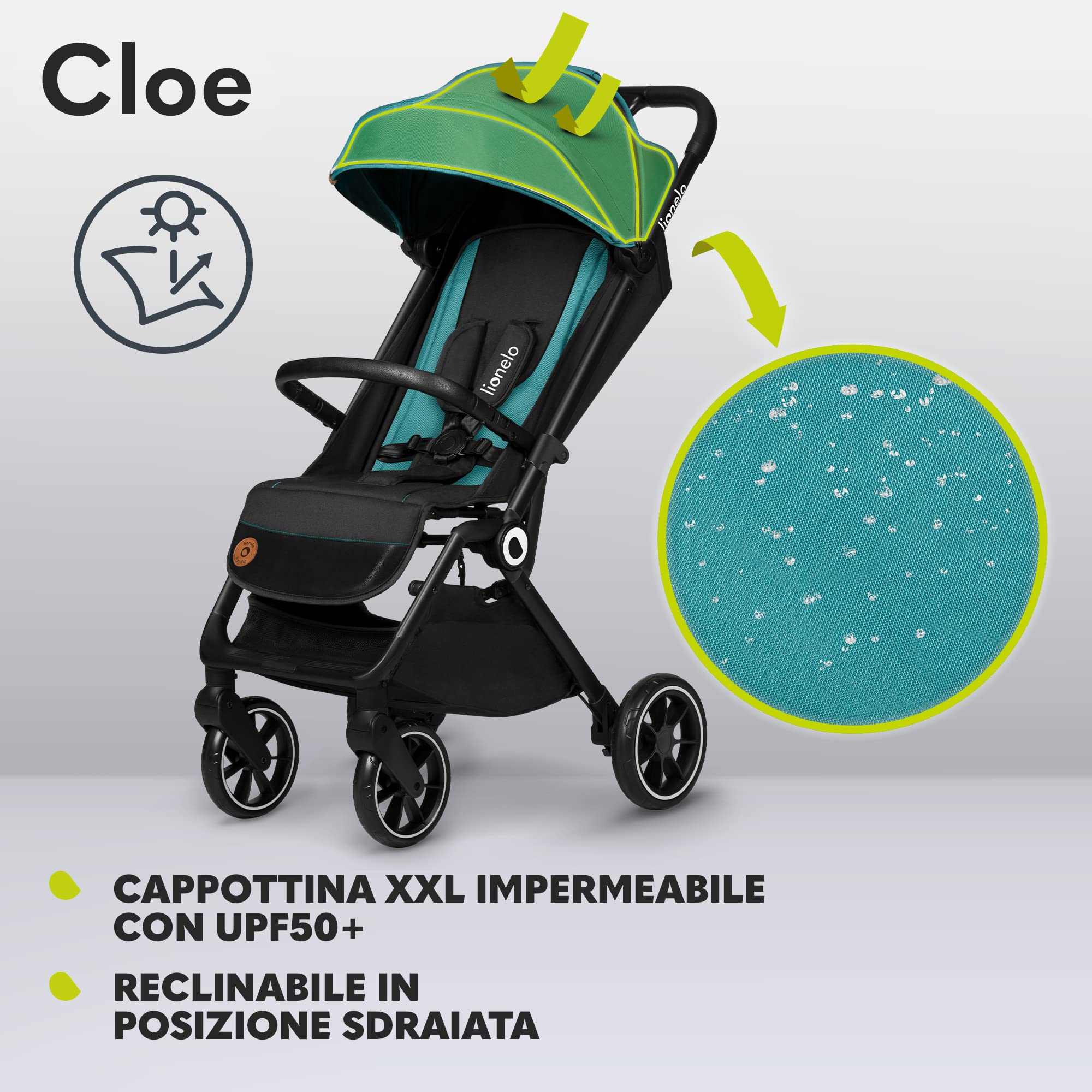 LIONELO Cloe Passeggino Leggero e Pieghevole per bambini da 6 a 48 Mesi | Passegino Compatto fino a 22 kg, Schienale Reclinabile, Posizione Distesa, Cinture a 5 Punti, Ruote XXL, Zanzariera
