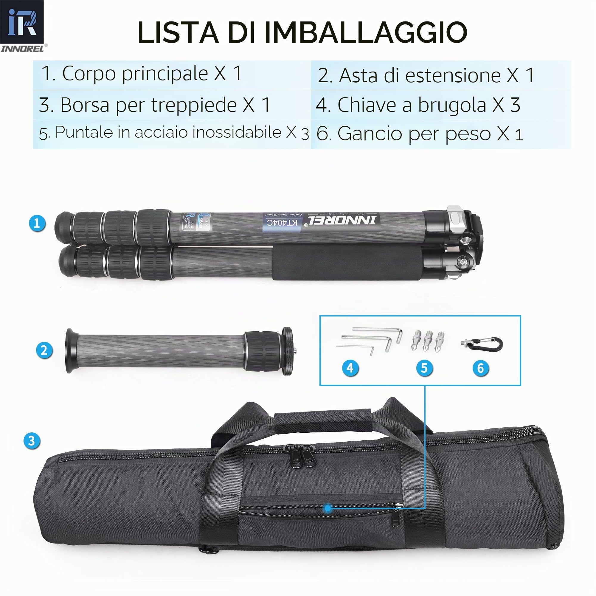 INNOREL KT404C Treppiede compatto a 10 strati in fibra di carbonio Tubo da 40 mm Cavalletto professionale per fotocamera resistente per videocamera digitale DSLR Carico 35 kg con colonna centrale