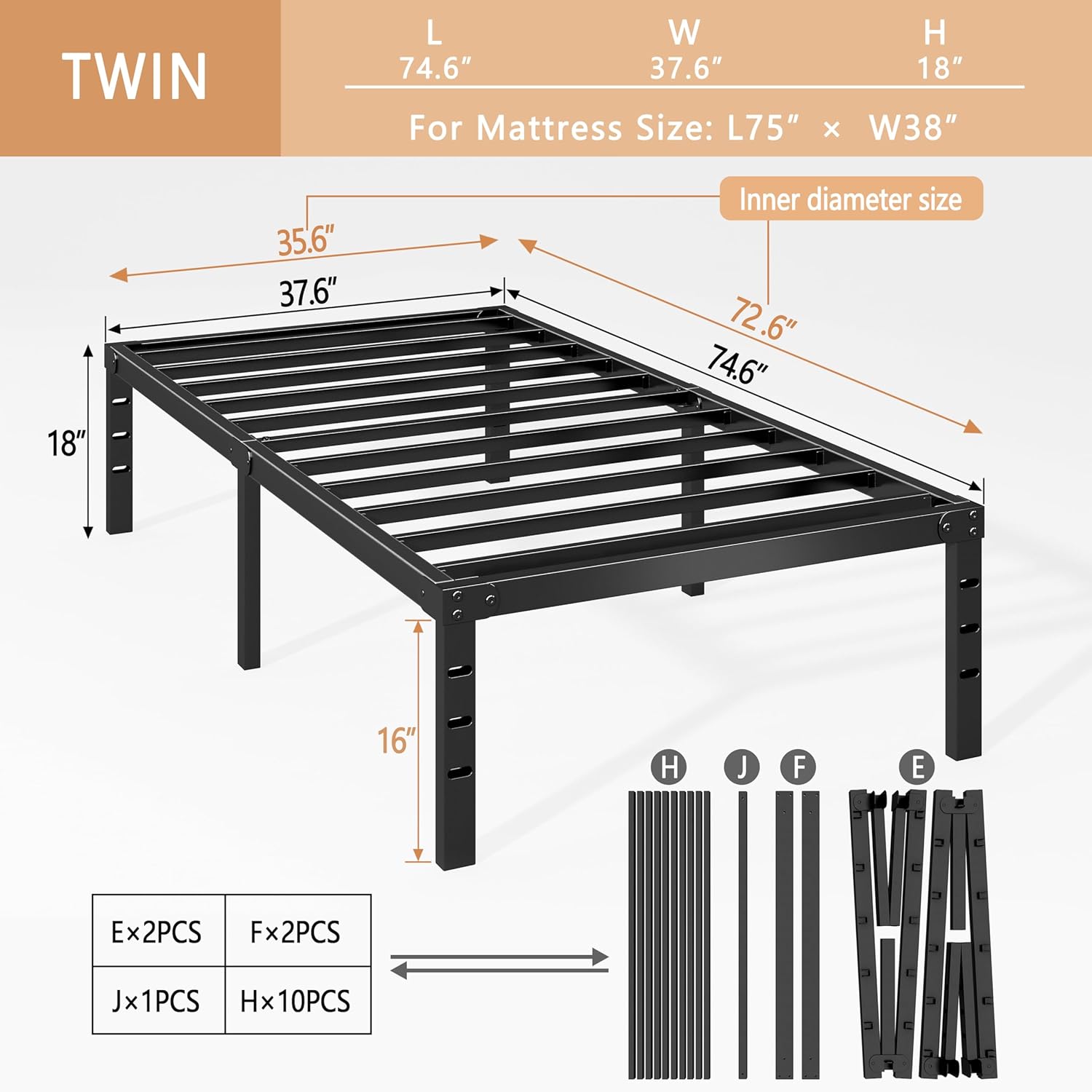 Twin Size Metal Bed Frame, 18 Inch, No Box Spring Needed, Storage Space, Heavy Duty, Non-Slip, Easy Assembly, Durable