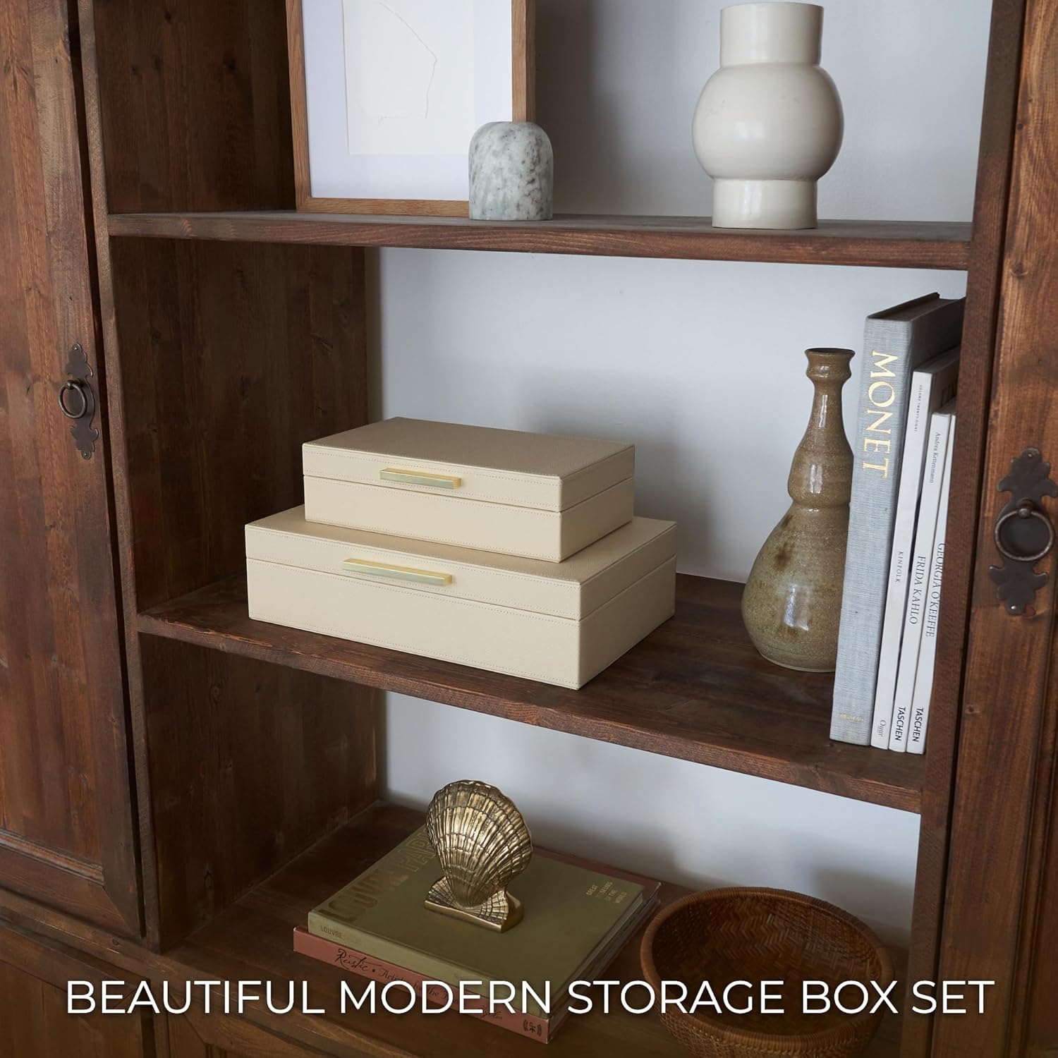 ZICOTO Decorative Storage Boxes with Lids – Set of 2 Beautiful PU Leather Organizer Bins for Your Bookshelf Home Decor - Safely Store Photos, Documents and Memory Box Keepsakes in Style Beige