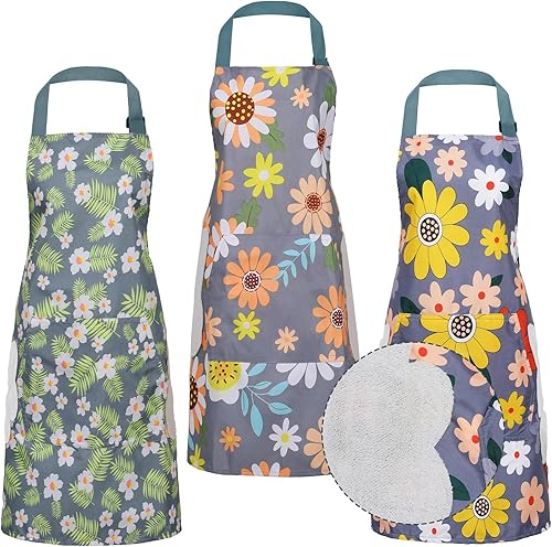 Paquete de 3 delantales florales para mujer con bolsillos y 2 lados toallitas de mano, delantales ajustables de tela impermeable para cocinar,