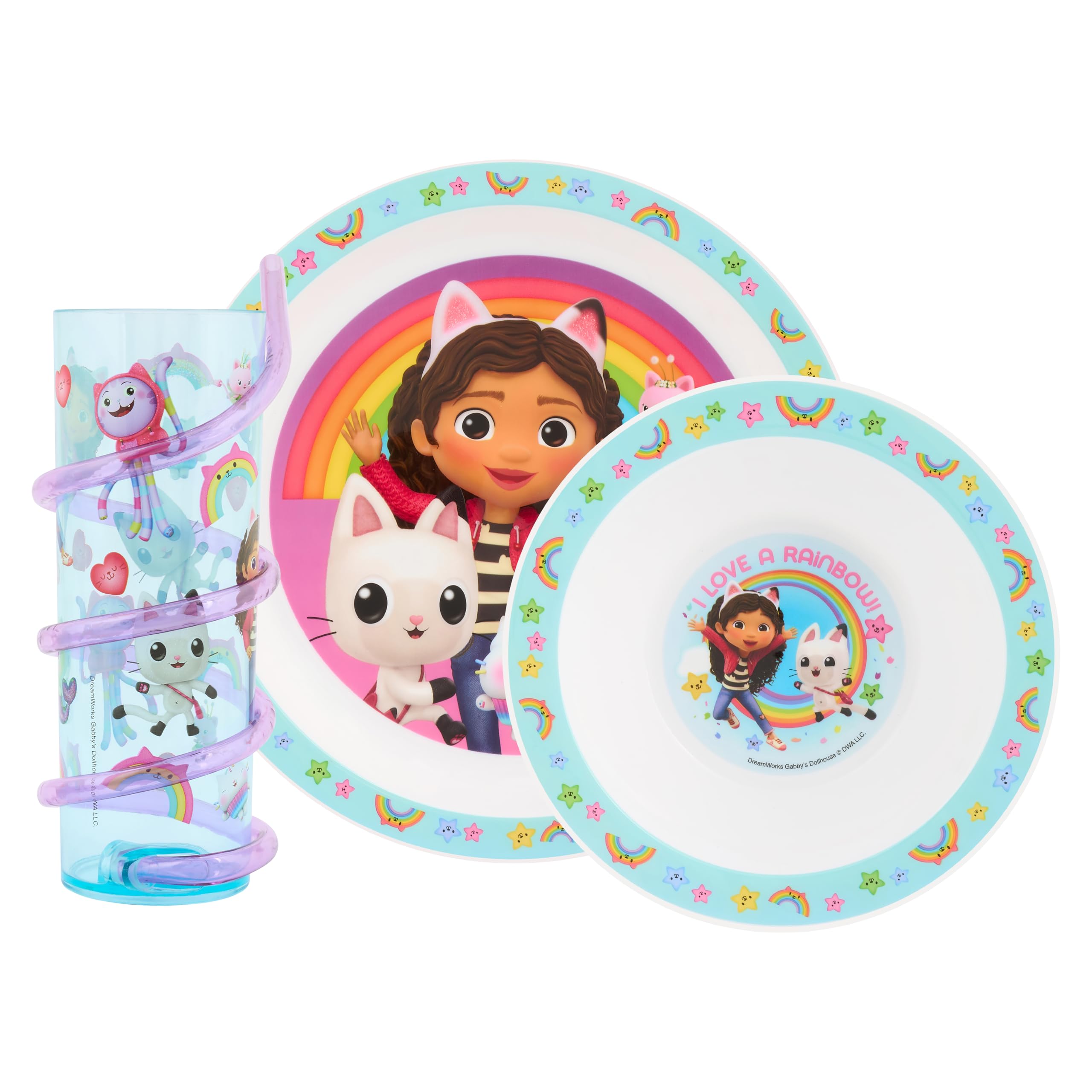 DreamWorks Gabby's Dollhouse 3pc Tableware Set – Includes Plate, Bowl, and Twisty Straw Tumbler Featuring Gabby, Pandy Paws, Cakey Cat, Mercat & Kitty Fairy - 48 Months Up, Purple