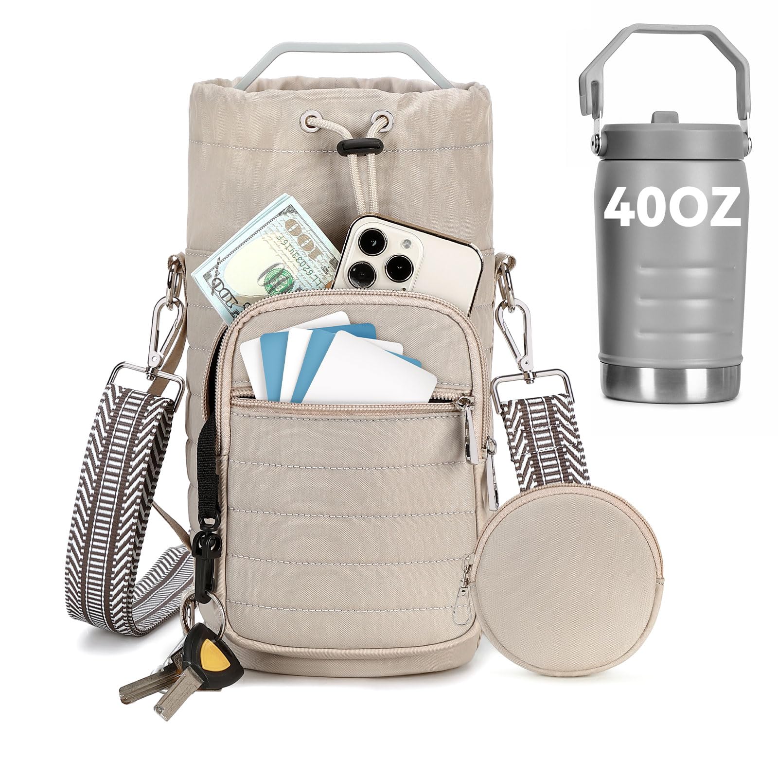 YIQUN Water Bottle Carrier Bag with Strap, Sling Bag for Walking, Hiking, Cycling, Black, 40 Ounces