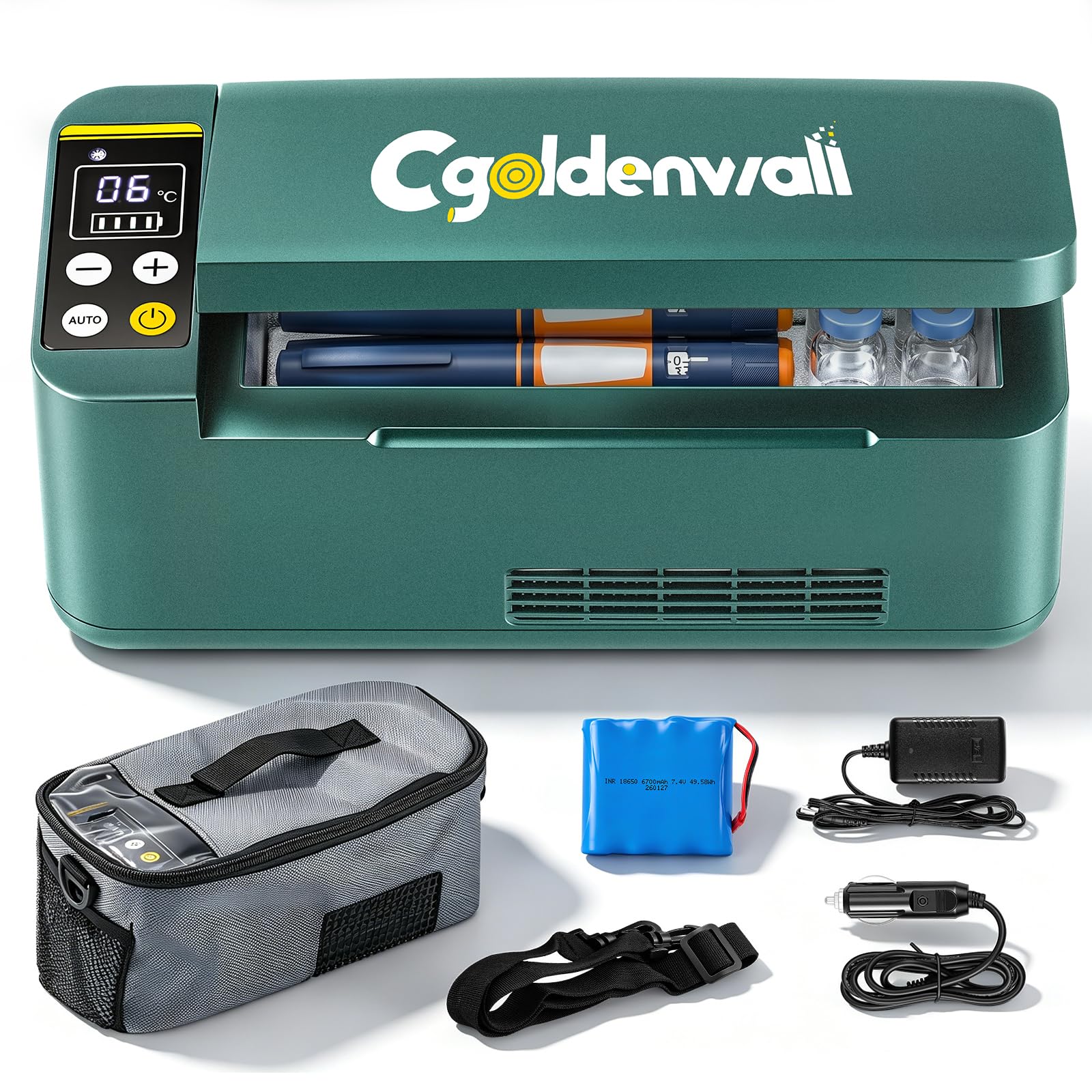 CGOLDENWALL Frigorifero Portatile per Insulina con 1 Batteria, 2‑20℃ Regolabile, Frigo per Medicinali da Viaggio per Uso Domestico, in Auto e all'aperto (Verde)