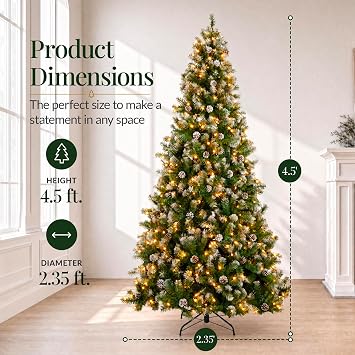 Best Choice Products 4.5ft Pre-Lit Pre-Decorated Pine Artificial Christmas Tree w/Twinkling LEDs, 450 Flocked Frosted Tips, 32 Pinecones, 150 Lights, Base