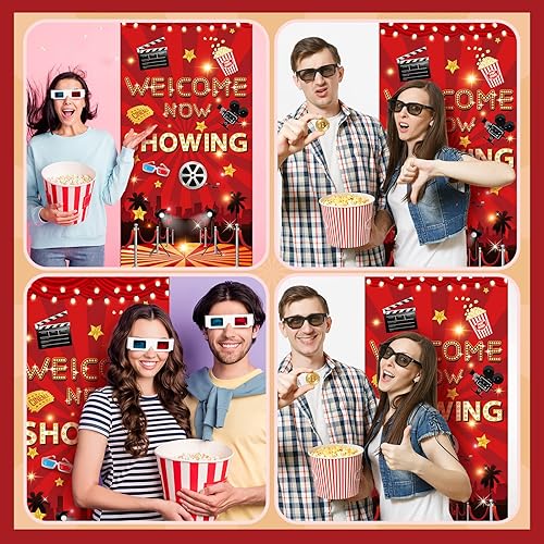 Miniatura 7 de Letrero de película para puerta de fiesta nocturna, decoración de fiesta temática de película, suministros de noche de película, bienvenida ahora,