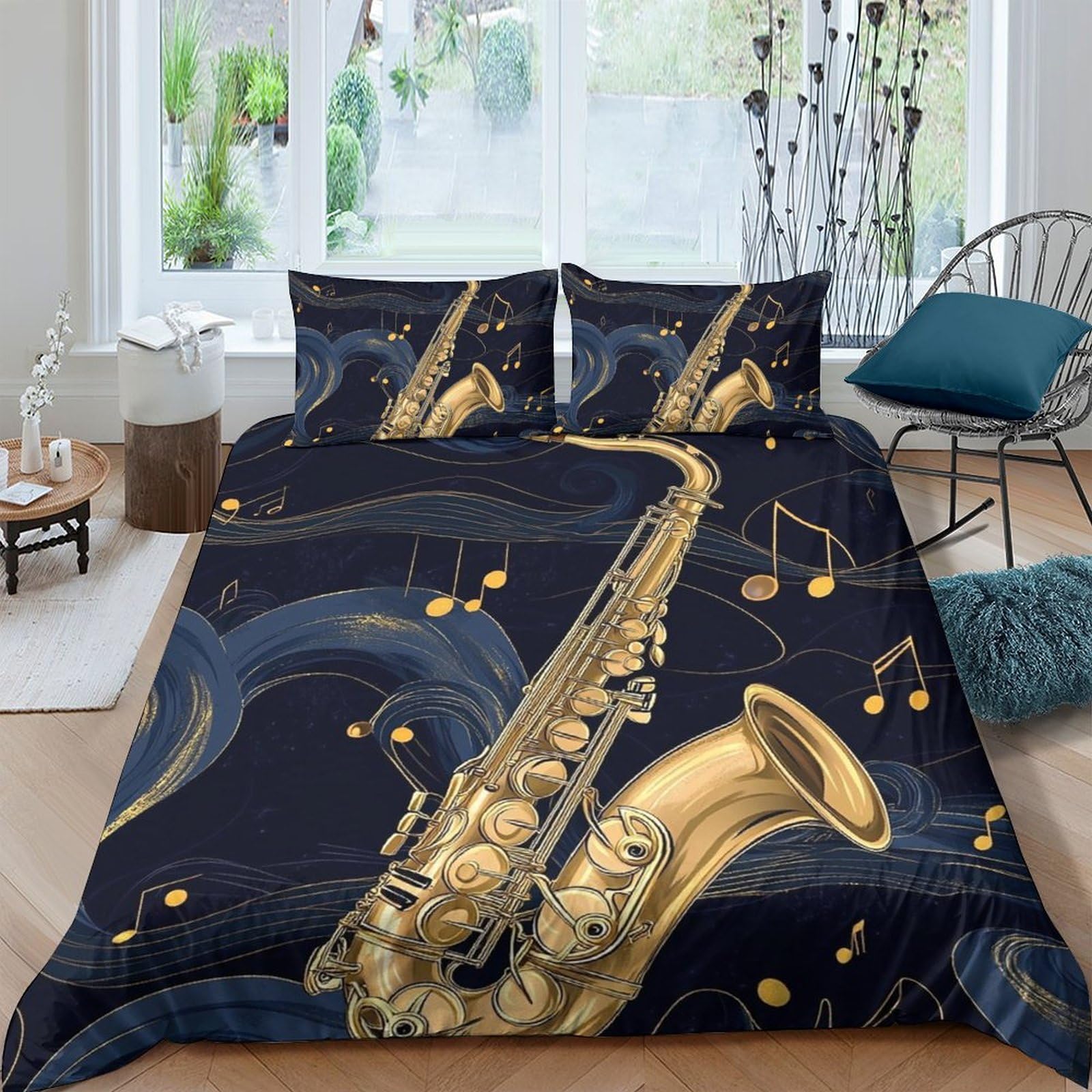 Ctjqhvkz Style-7 3D Printed Saxophone Music Bed Sheet Microfiber Black Gold Mattress Cover Non Slip Easy Care For Bedroom Dorm Decor Single（135X200cm）