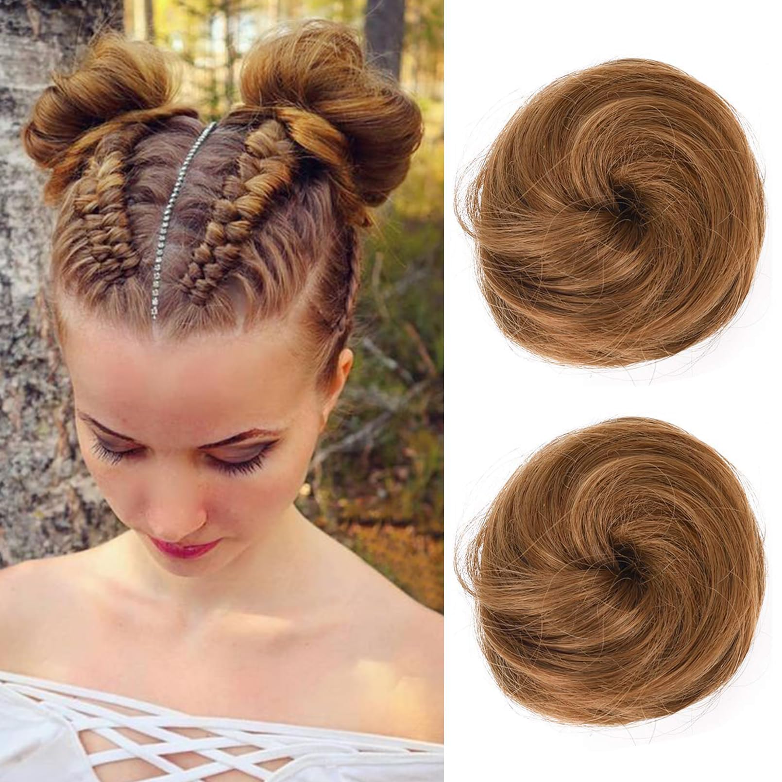 REECHO 2 PCS Mini Claw Clip in Messy & Cat Ears Hair Bun Extensions HB001 Wig Accessory Updo Hairpieces for Women (Pack of 2-3" Straight, Warm Light