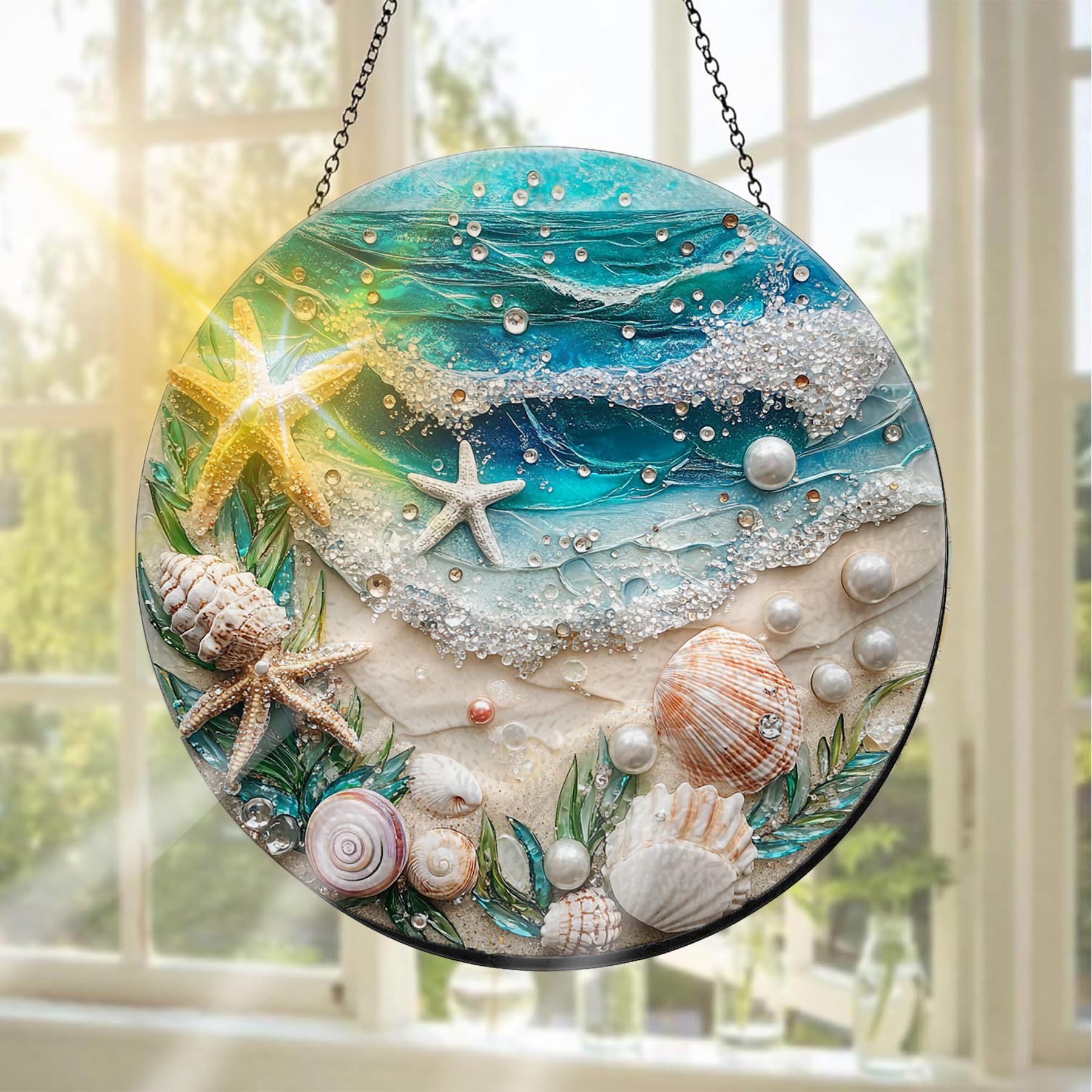 Pavemlo Seashell Suncatcher Indoor Stained Glass Window Hanging - Outdoor Window Hanging Decoration - Sun Catcher Home Decor Mother's Day Birthday Gifts for Women, Men Mom 20x20 cm