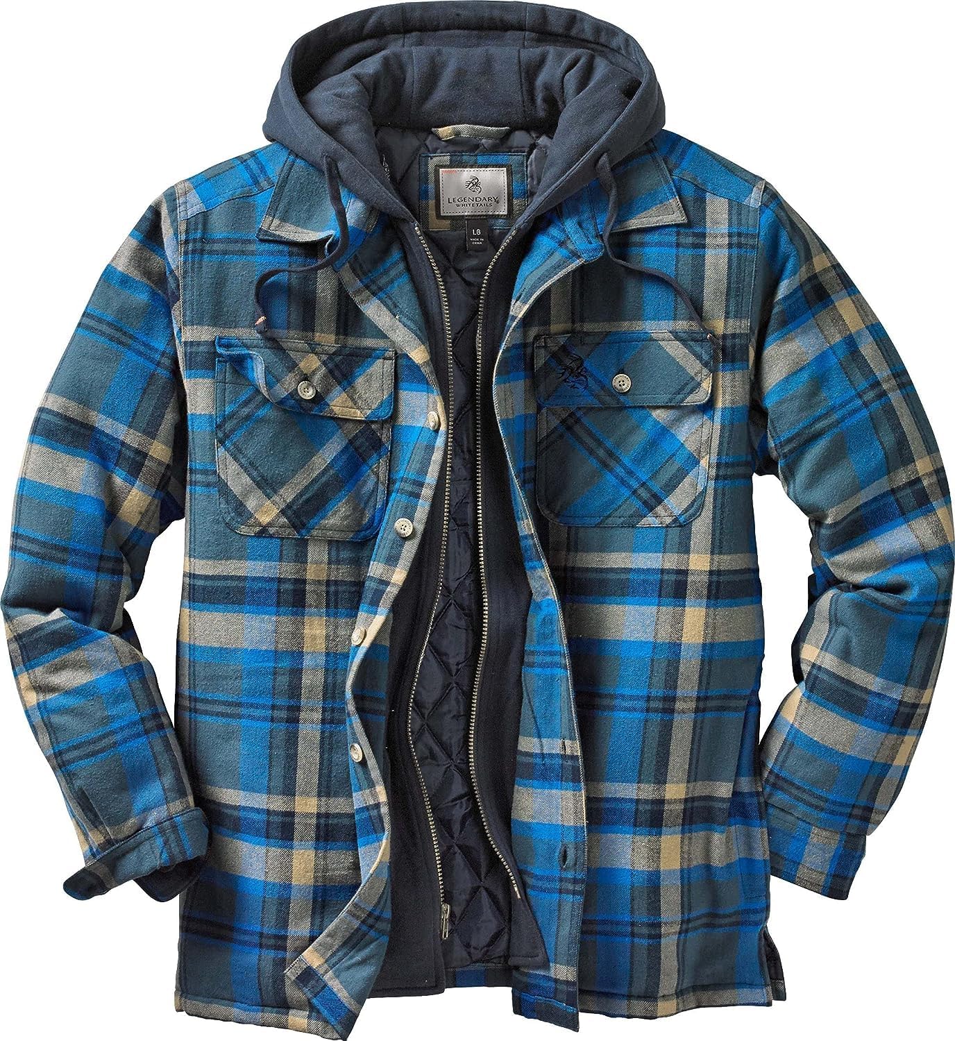 Mens Plaid Flannel Shirt Jacket Quilted with Hood Polyfill Insulated Shacket