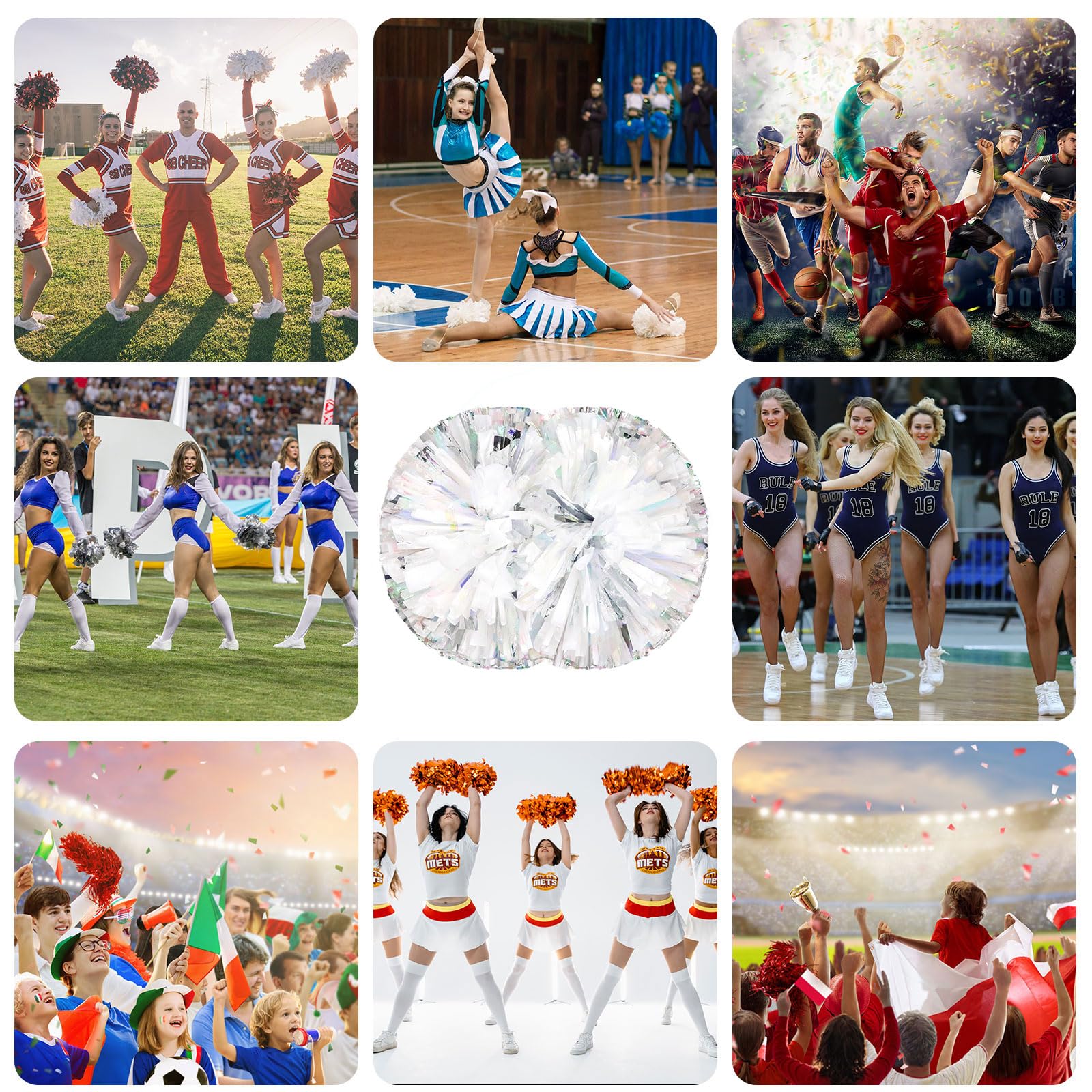 Pompony cheerleaderek z uchwytem, ręczne pompony drużynowe do drużyny sportowej, cheerleaderek, gier, na imprezę taneczną, dla dorosłych, mieszane srebrne
