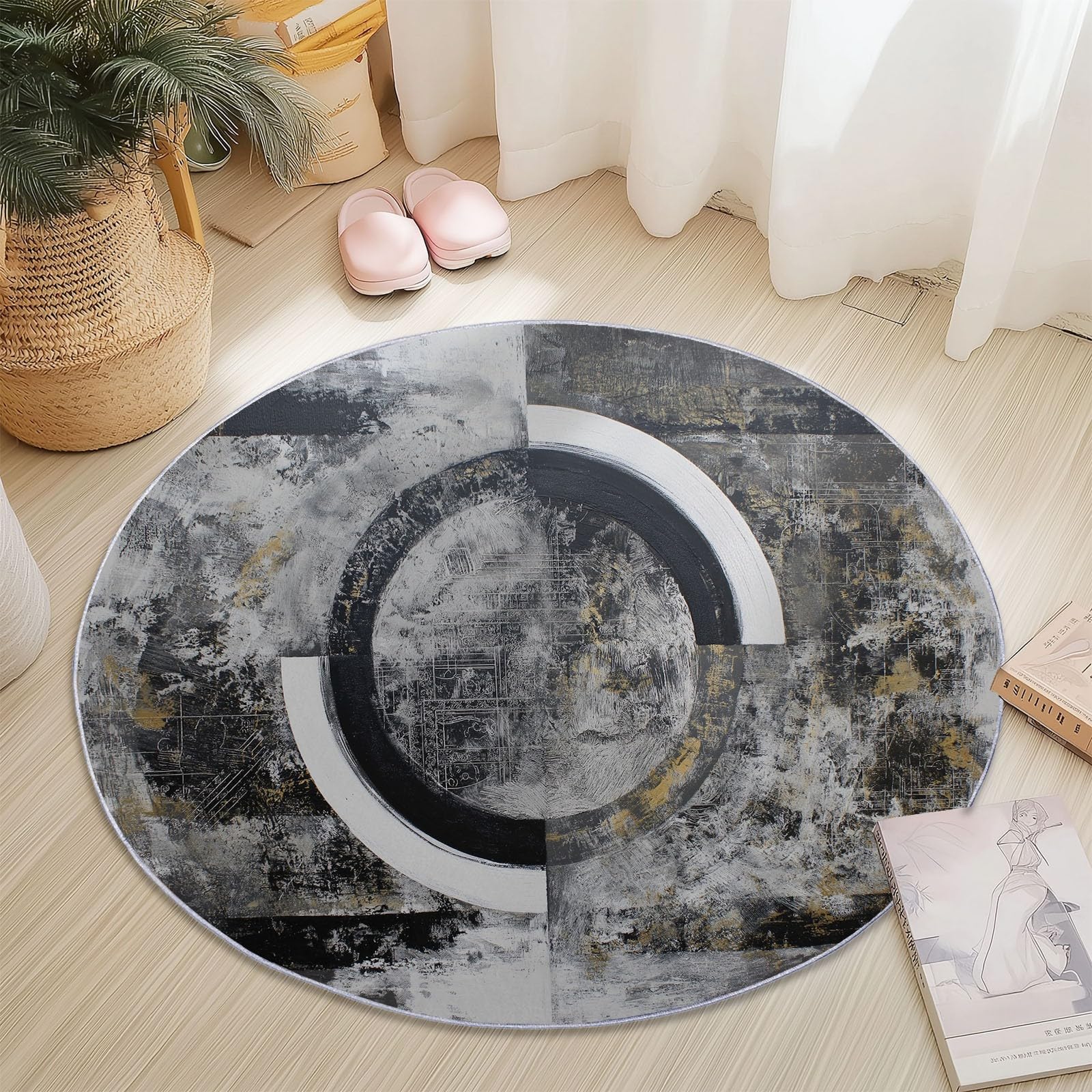 Tapis rond lavable pour salon et balcon au motif de cercles artistiques