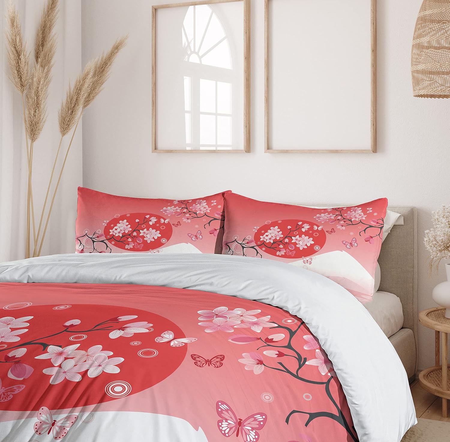 Ambesonne Asian Duvet Cover Set, Japanese Cherry Branches Over The Sun with Mountain Reflection Hill Season Image, Decorative 3 Piece Bedding Set with 2 Pillow Shams, Queen Size, Pink Red Queen Pink Red