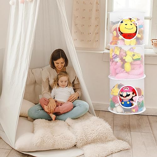 Miniatura 2 de 2 piezas de almacenamiento para animales de peluche, red plegable para animales de peluche o organizador de hamaca, con 3 compartimentos, red de